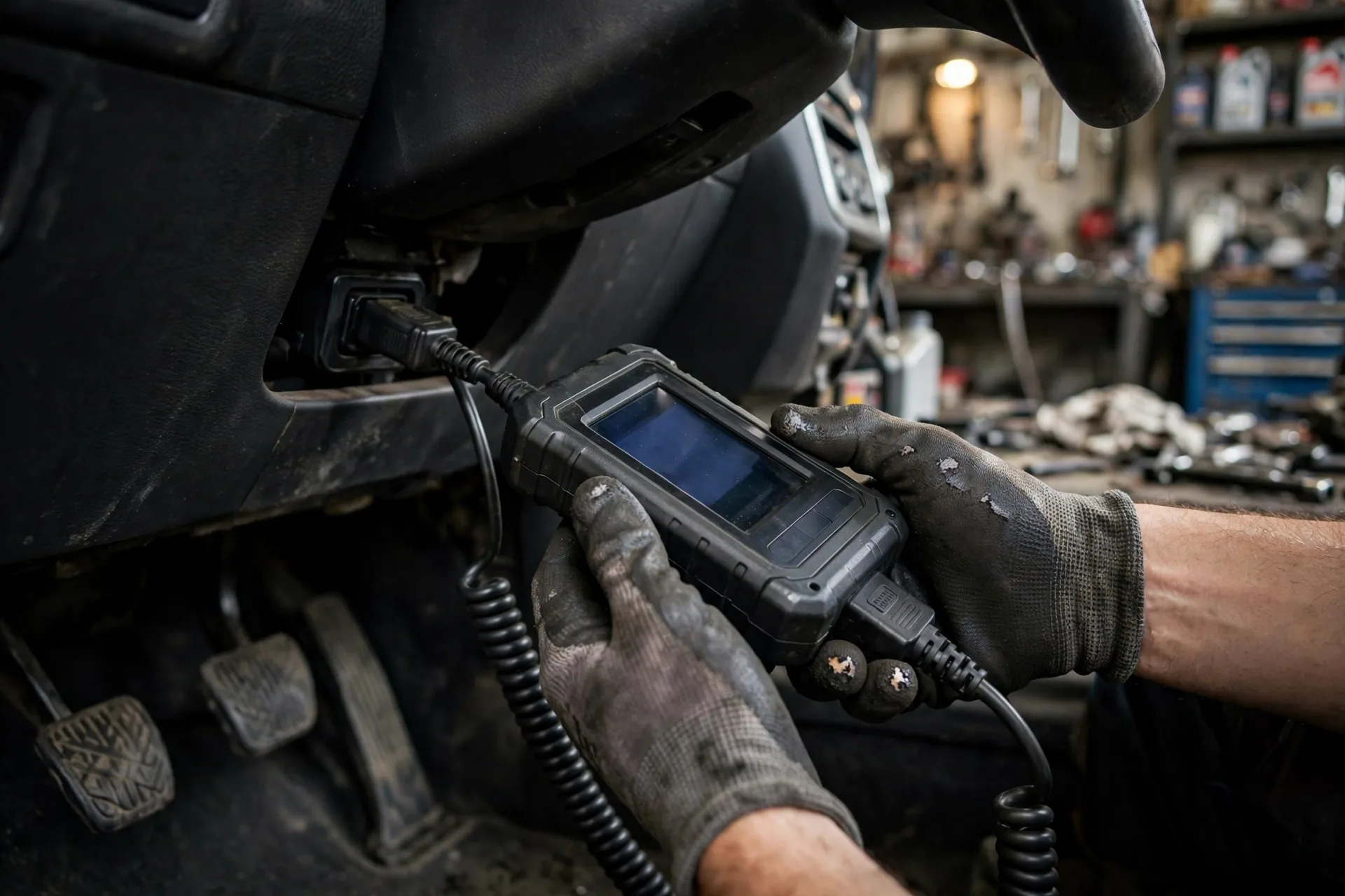 Mechanic holding a diagnostic scan tool plugged into a car