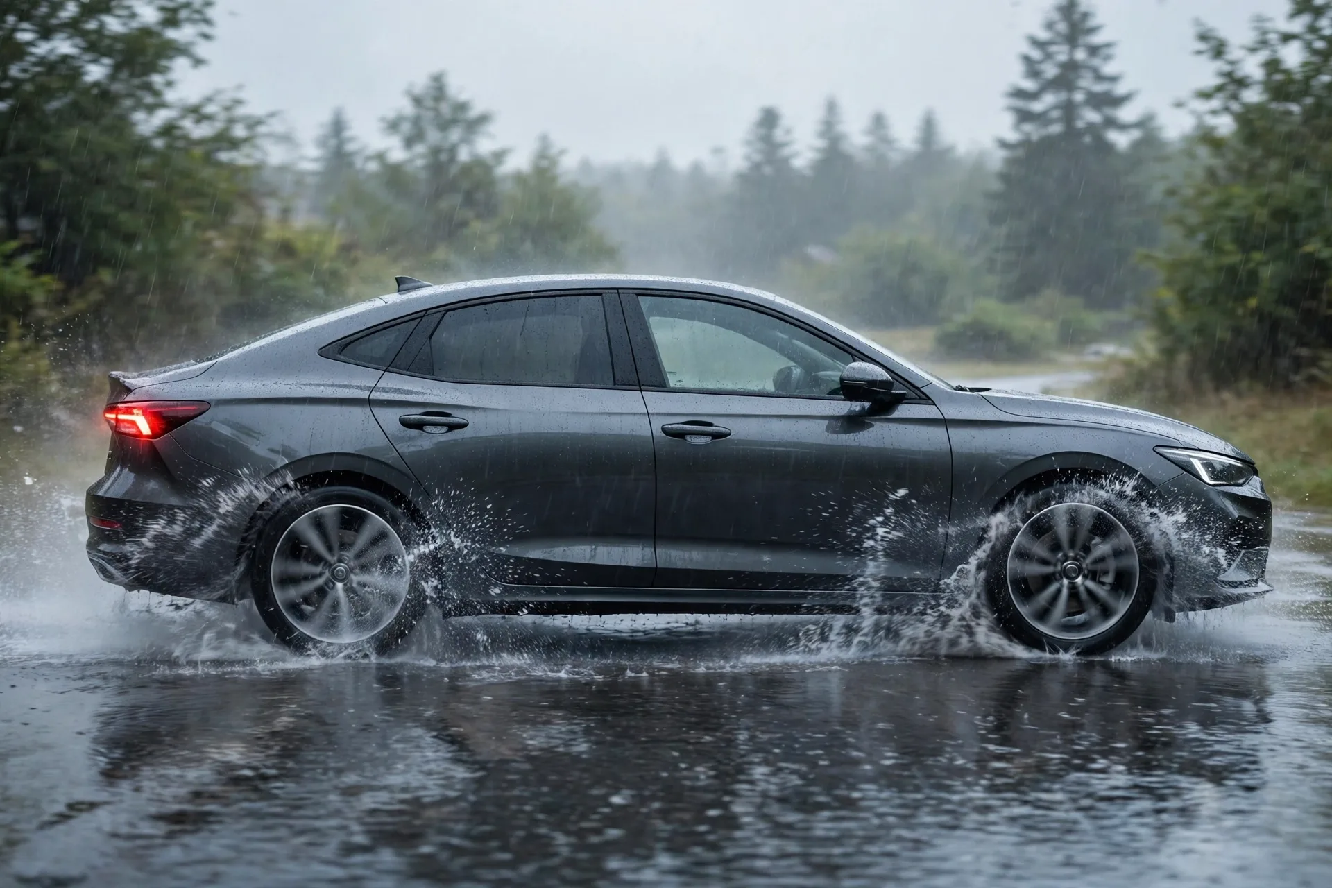 Car braking on a wet rainy road