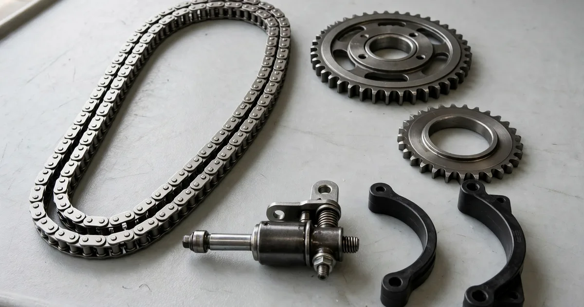 Timing chain kit: chain, sprockets, tensioner, and guides