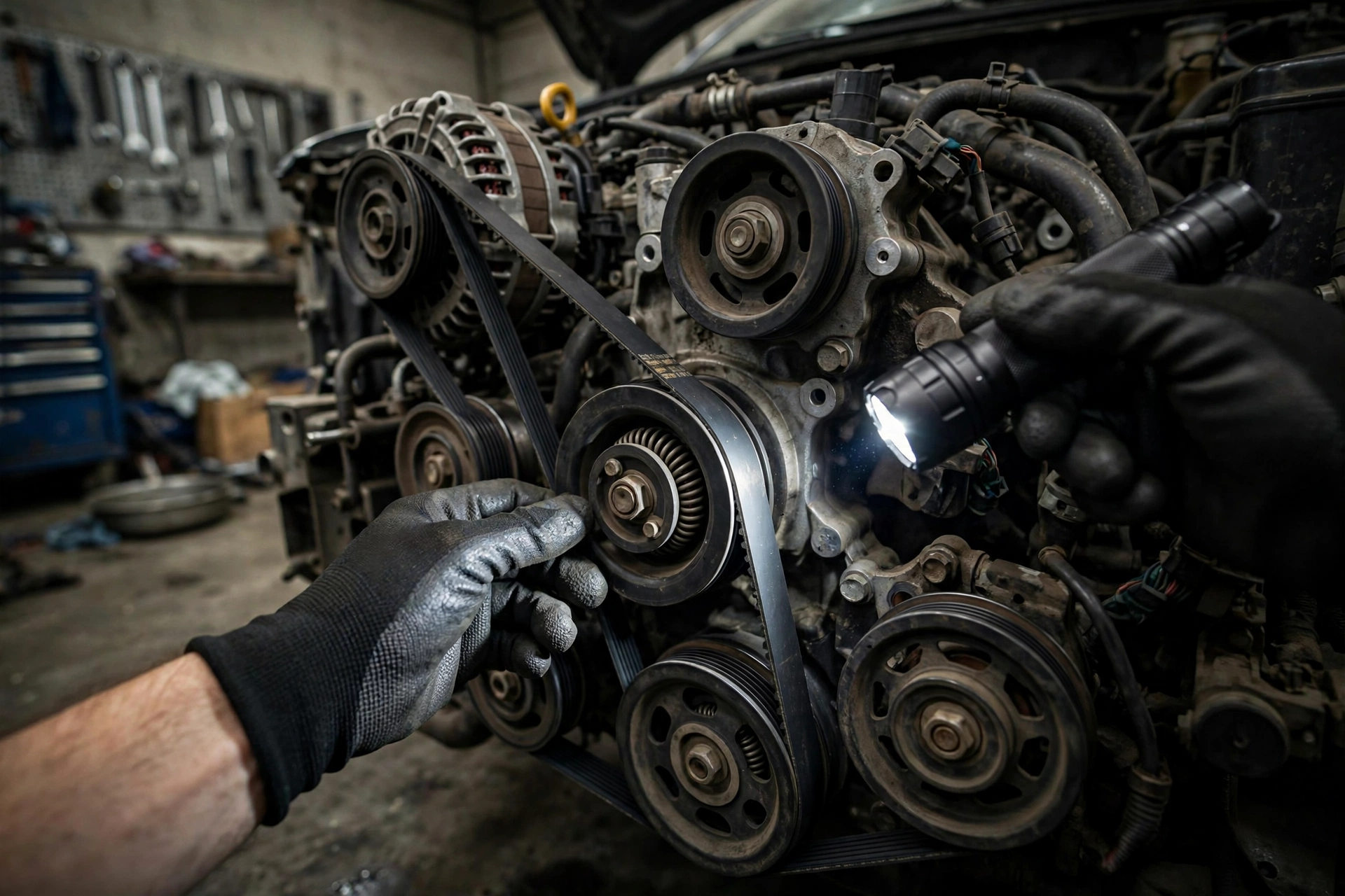 Mechanic inspecting the front of an engine with a flashlight