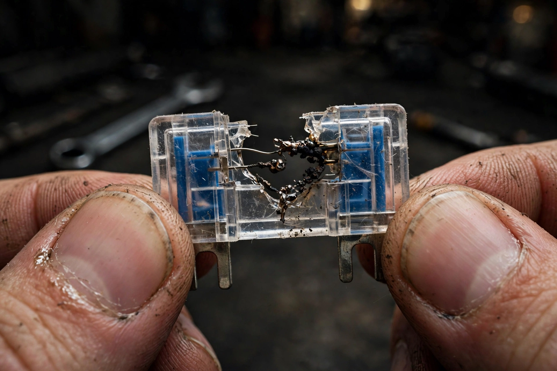 A blown car blade fuse with a broken wire element inside, held between fingers