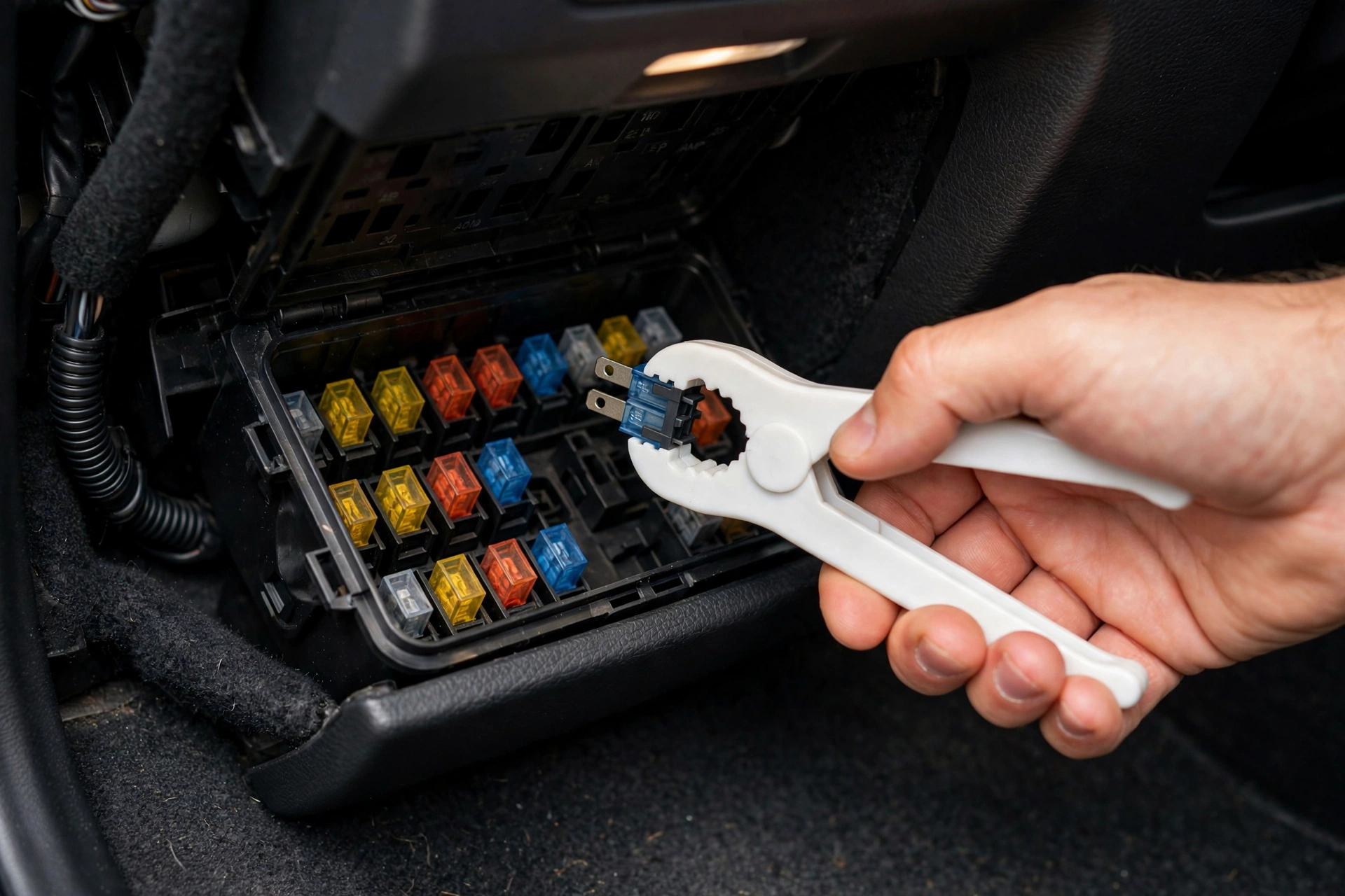 A hand using a white plastic fuse puller to remove a blade fuse from an interior fuse box