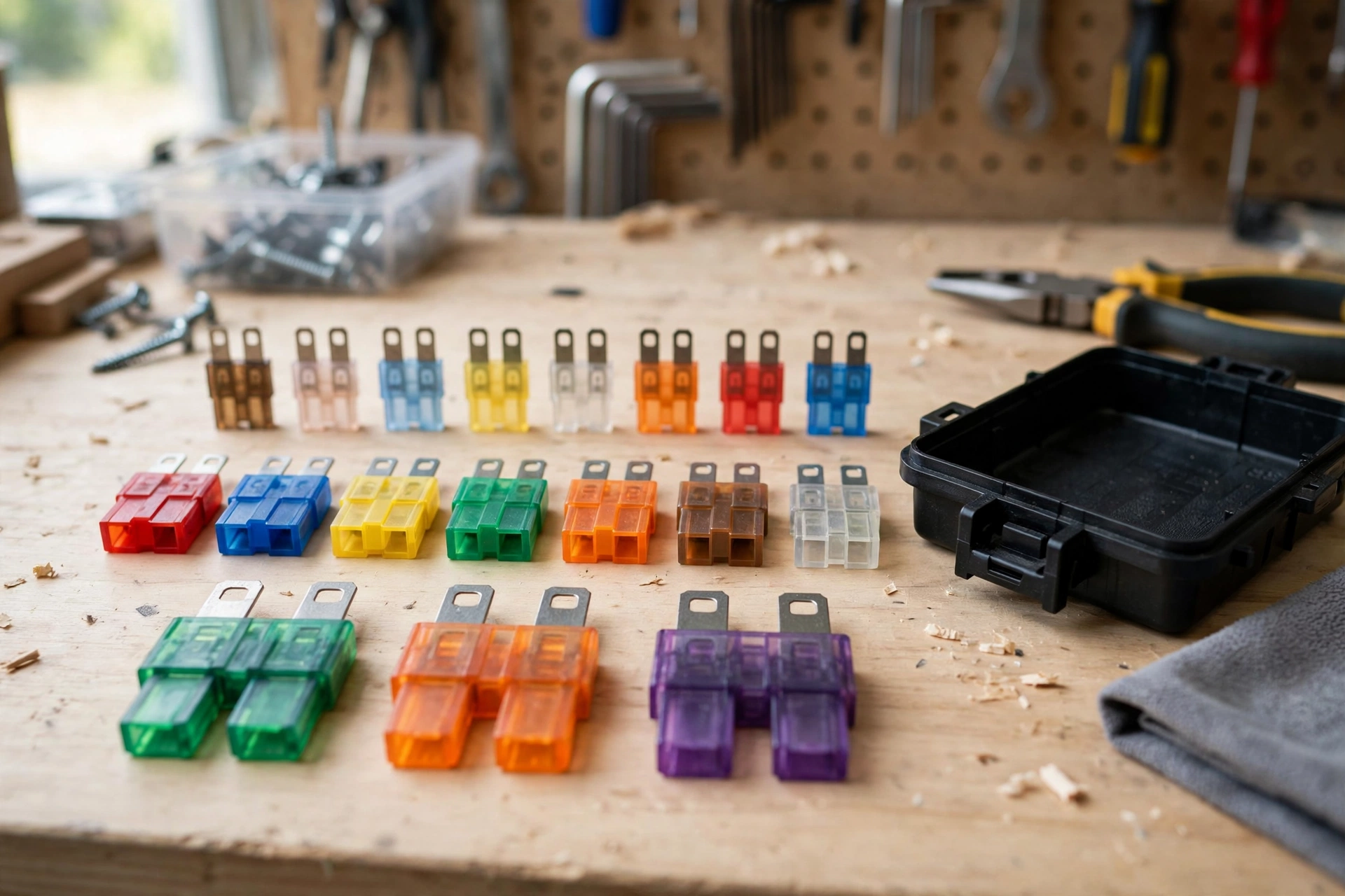An organized assortment of colorful blade fuses laid out on a workbench