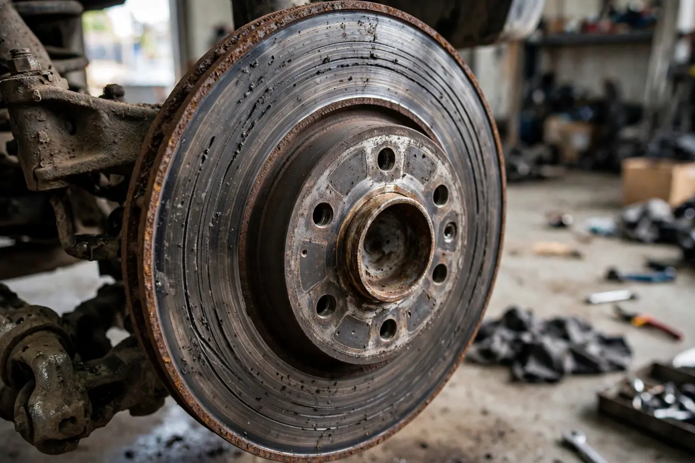 Worn brake rotor with deep grooves and rust on the edge