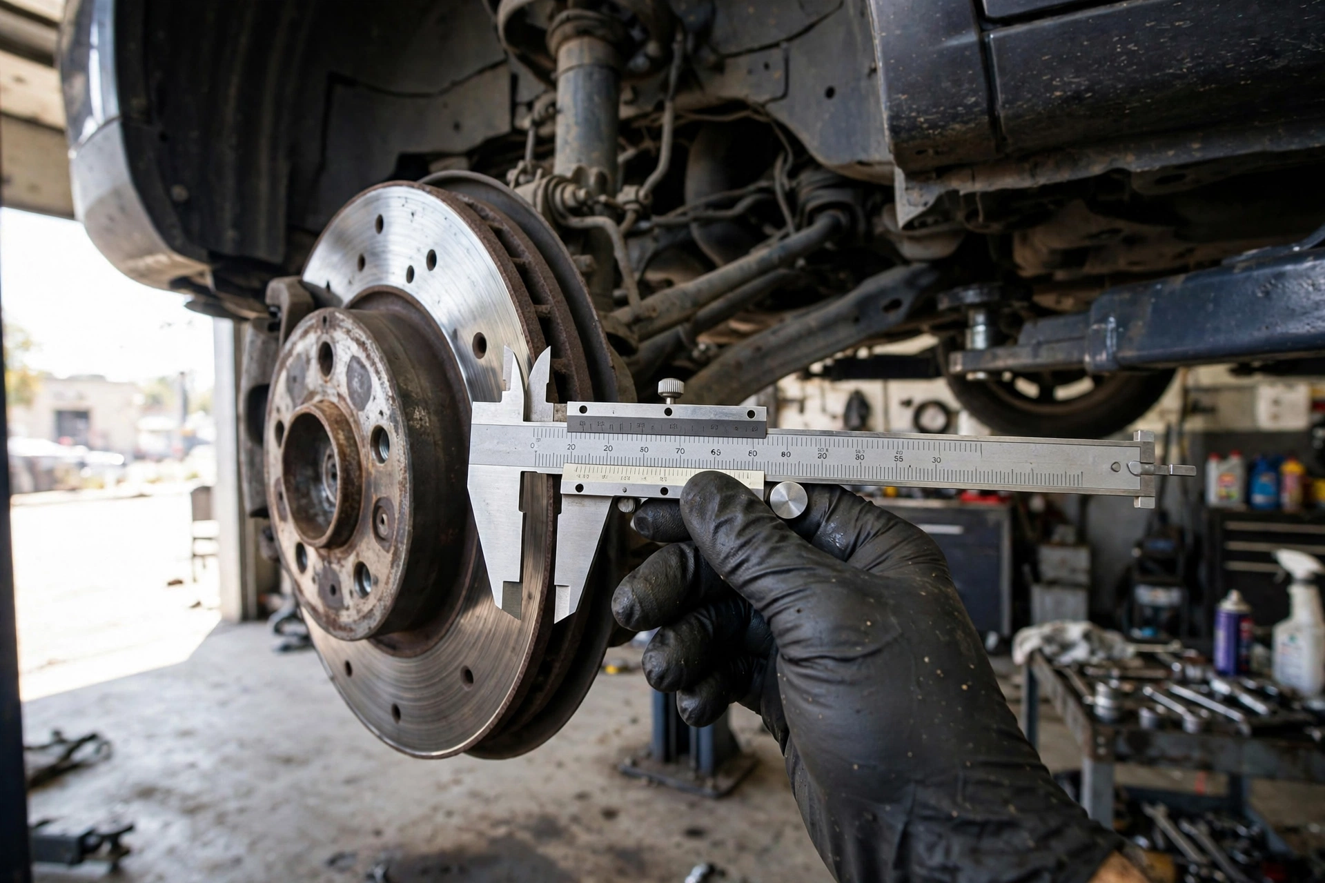 Measuring brake rotor thickness with a caliper