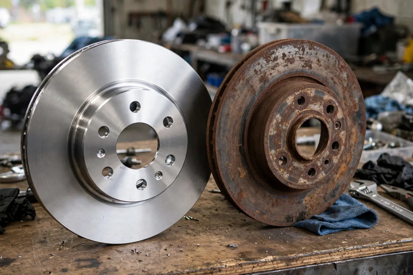 New brake rotor next to an old worn rusty rotor