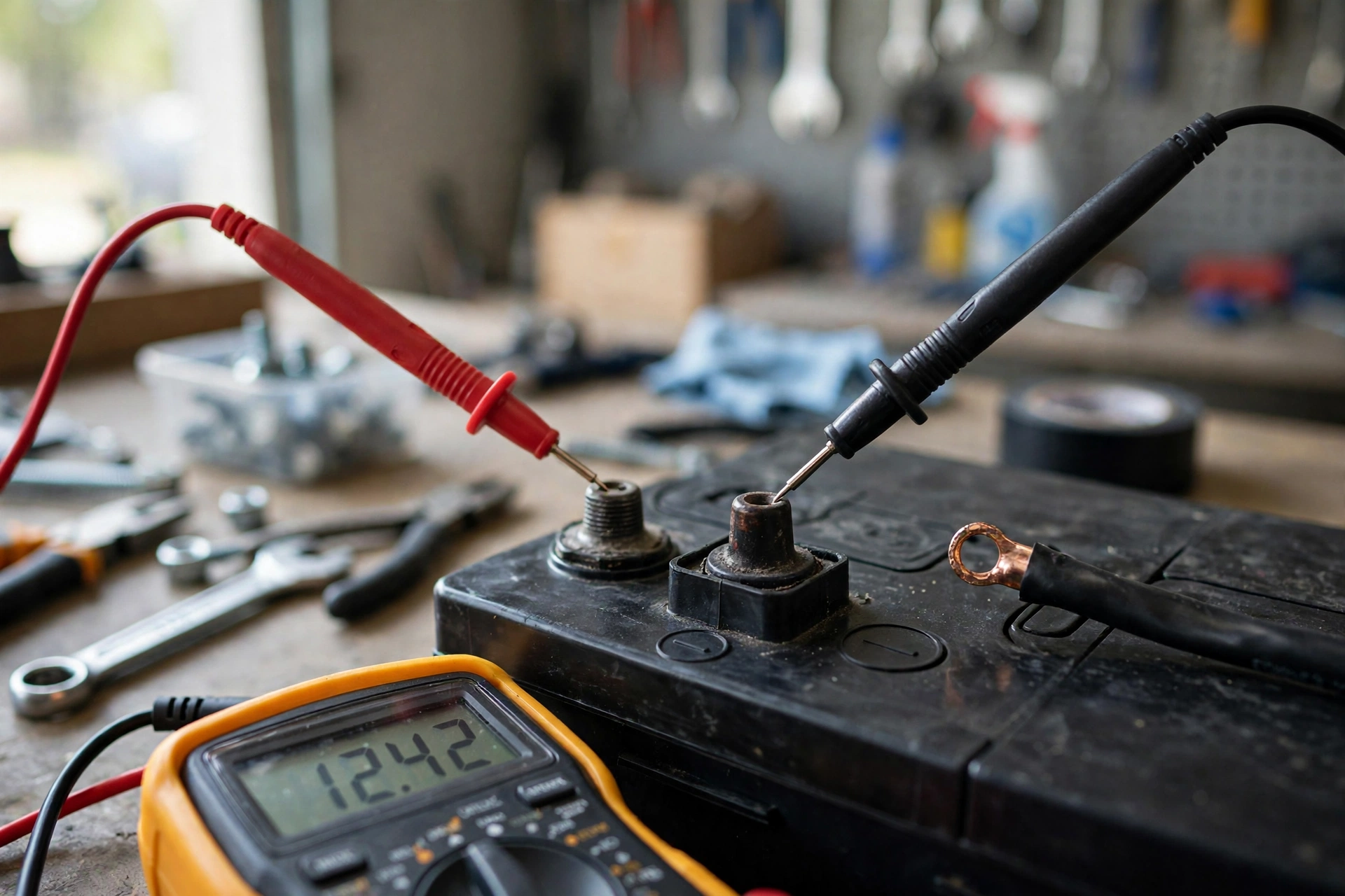 Multimeter leads connected across the battery negative post and cable to measure parasitic draw