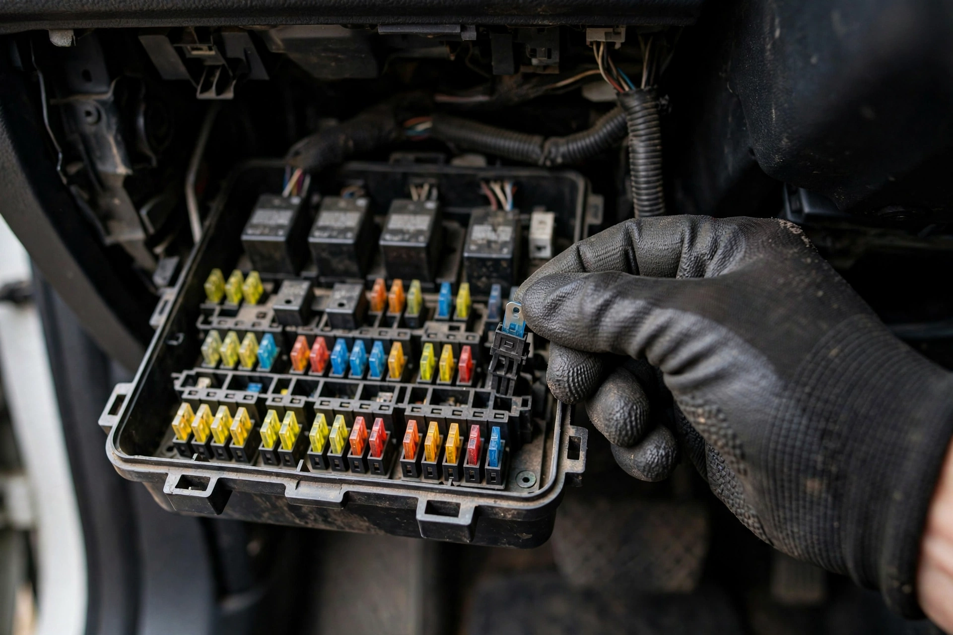 Gloved hand pulling a fuse from the fuse box while testing for a parasitic drain