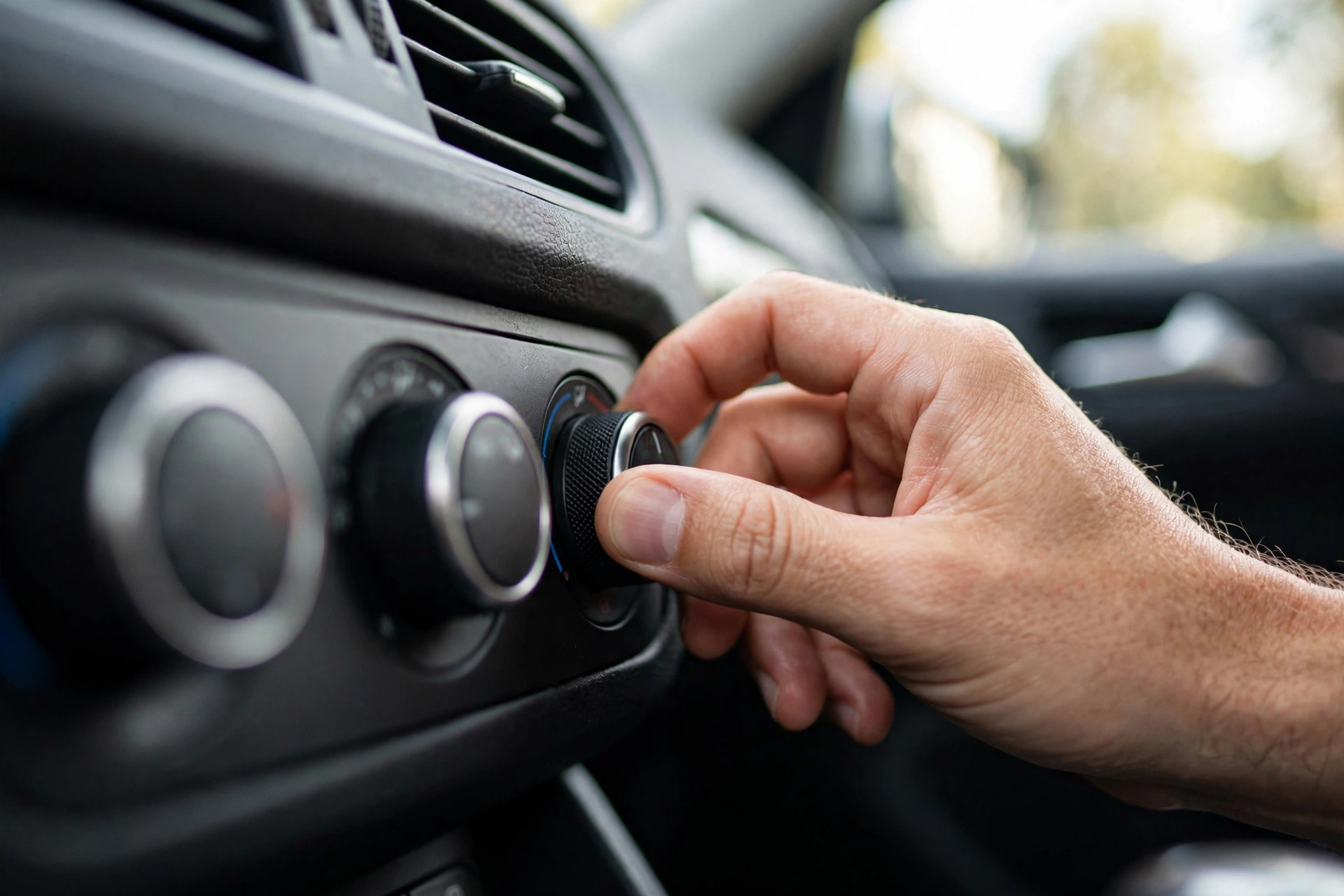 A hand turning the fan speed knob on a car dashboard climate control panel