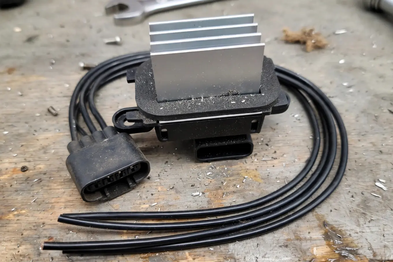 Close-up of a car blower motor resistor electrical component with wiring connector on a workbench