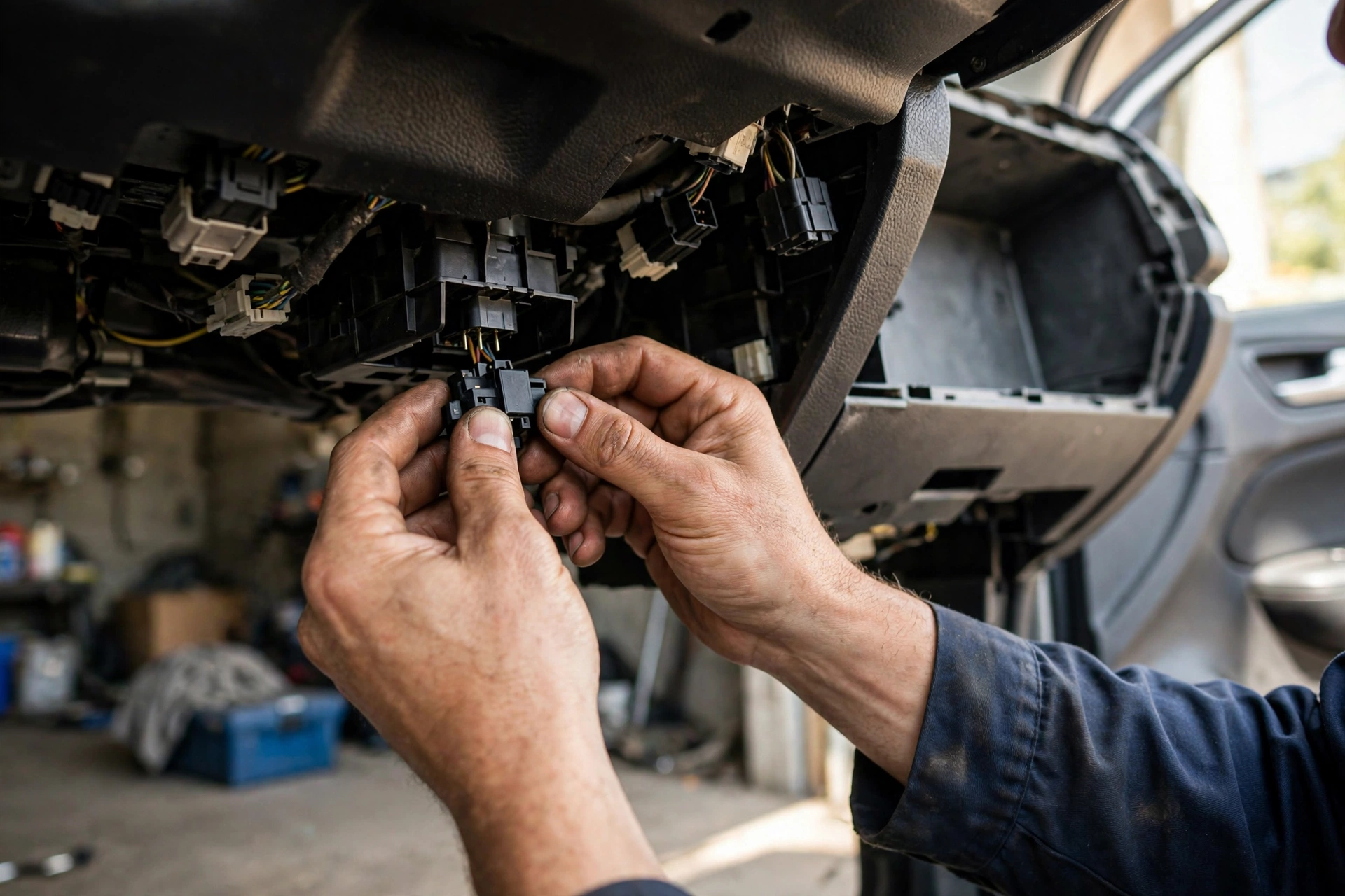 A mechanic's hands working under a car dashboard near the glovebox area