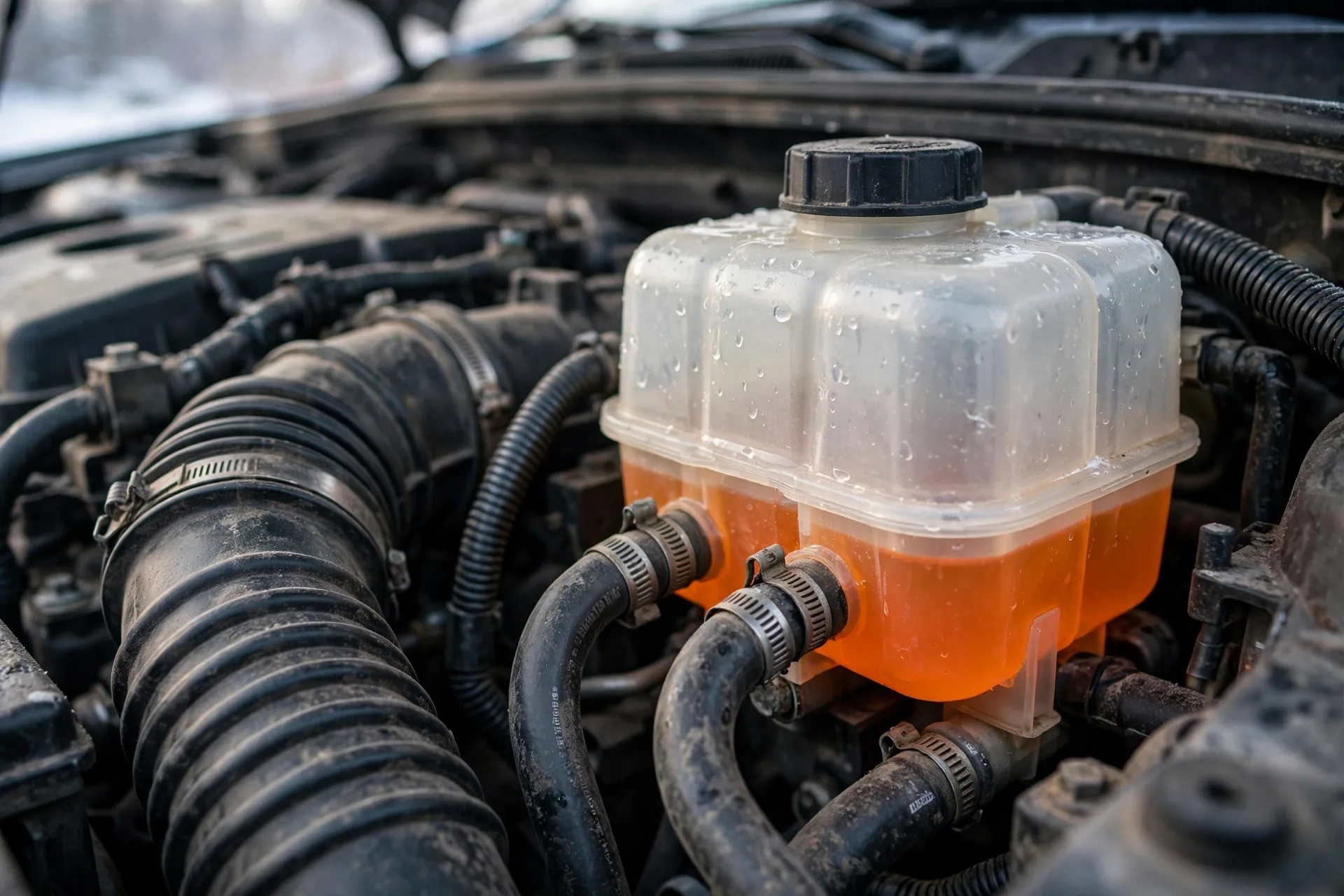 Coolant reservoir showing a low coolant level