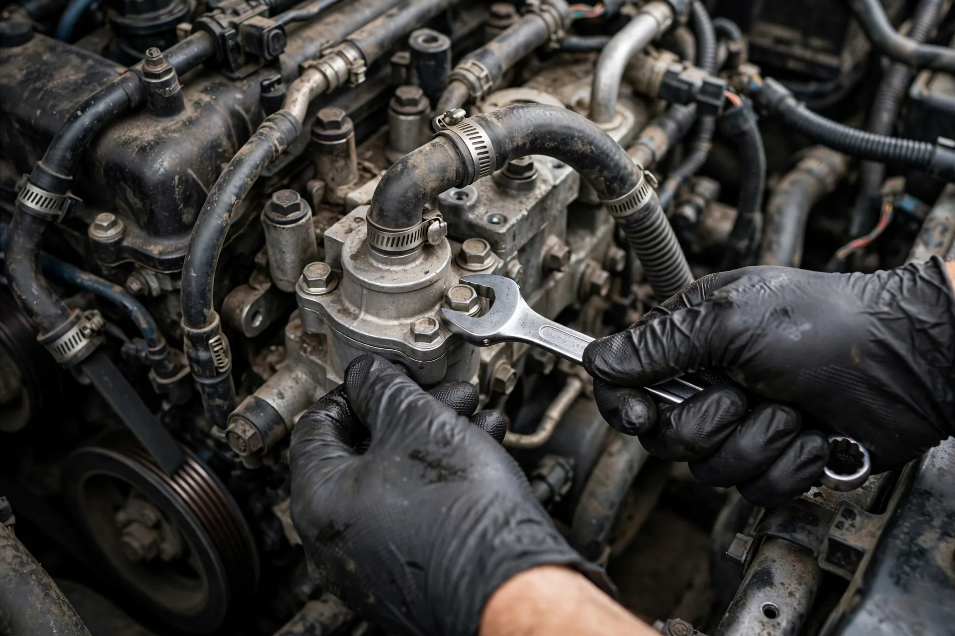Thermostat housing being serviced in an engine bay