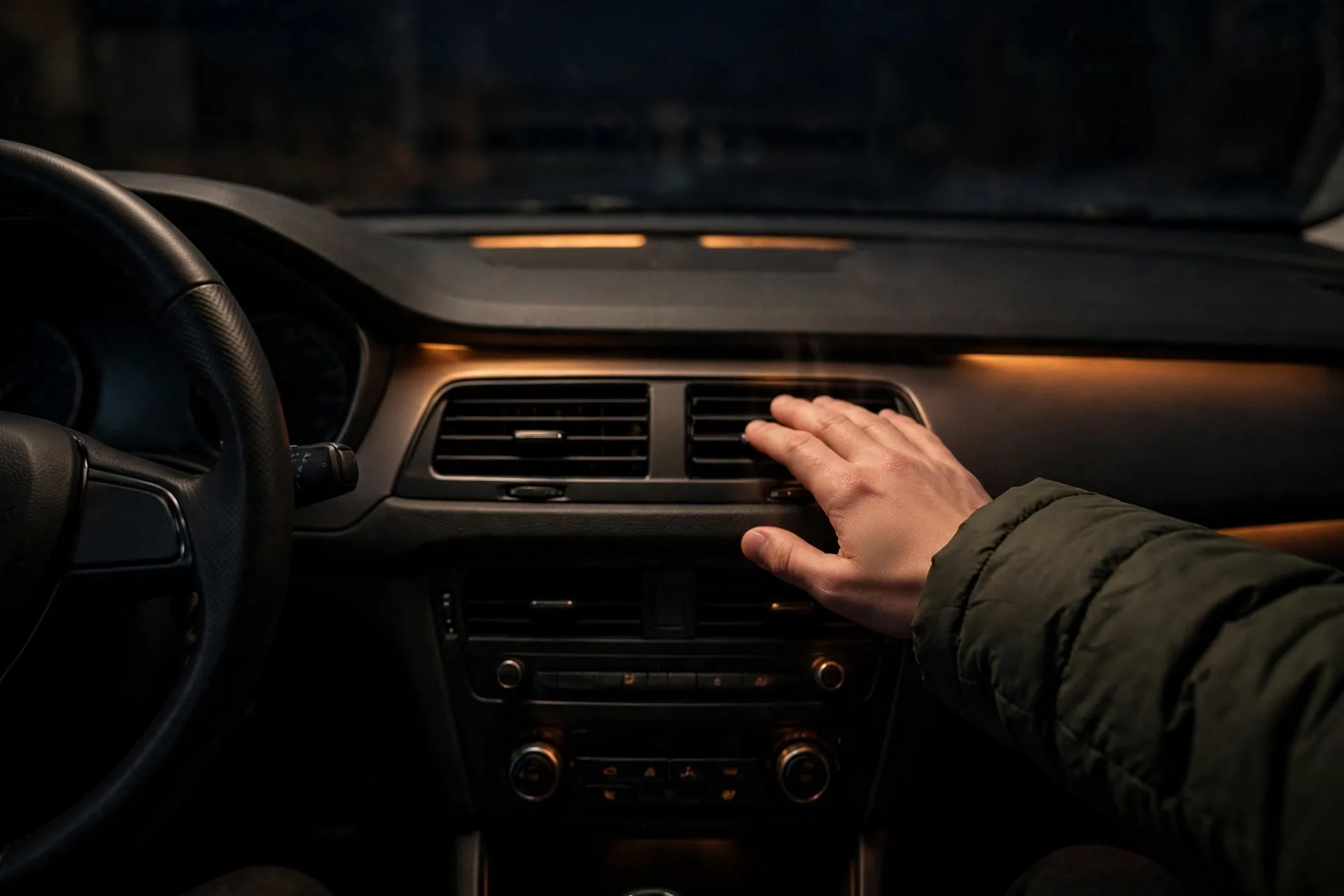 Driver testing airflow from a car heater vent