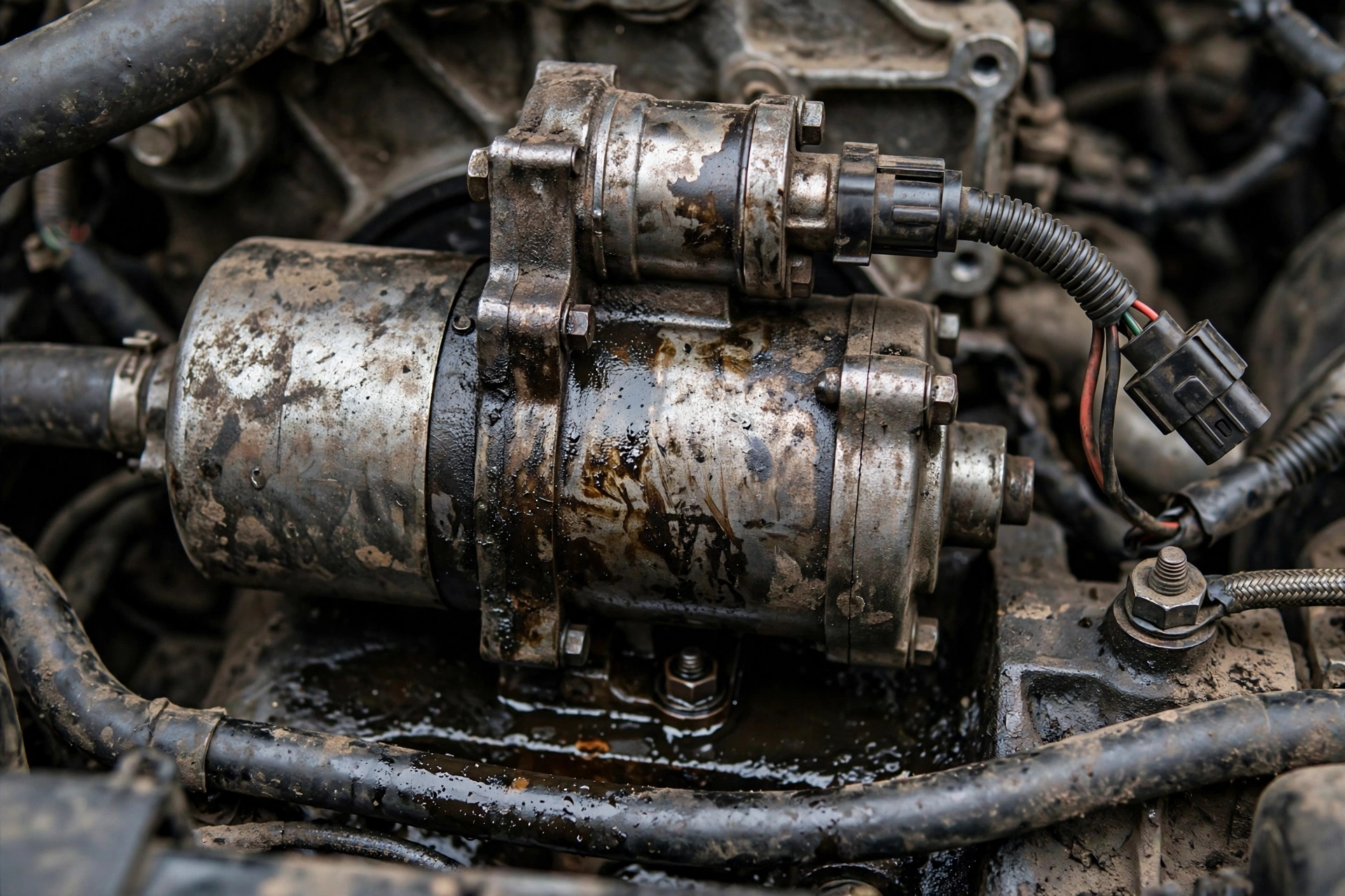 Starter motor in the engine bay