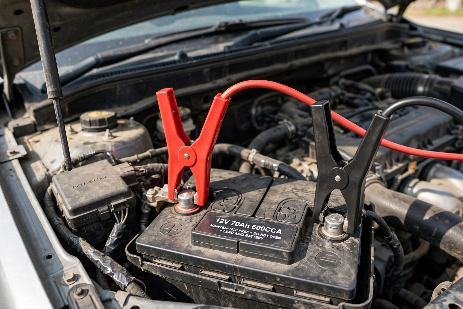 Jumper cables connected to a car battery