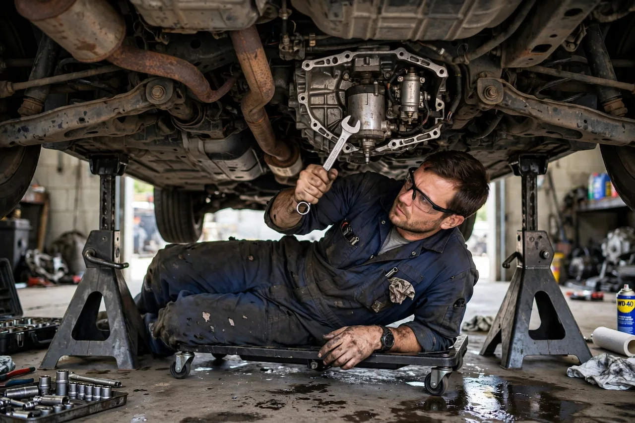 Mechanic tapping the starter motor