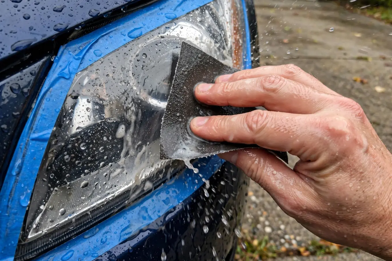 Wet sanding a cloudy headlight lens