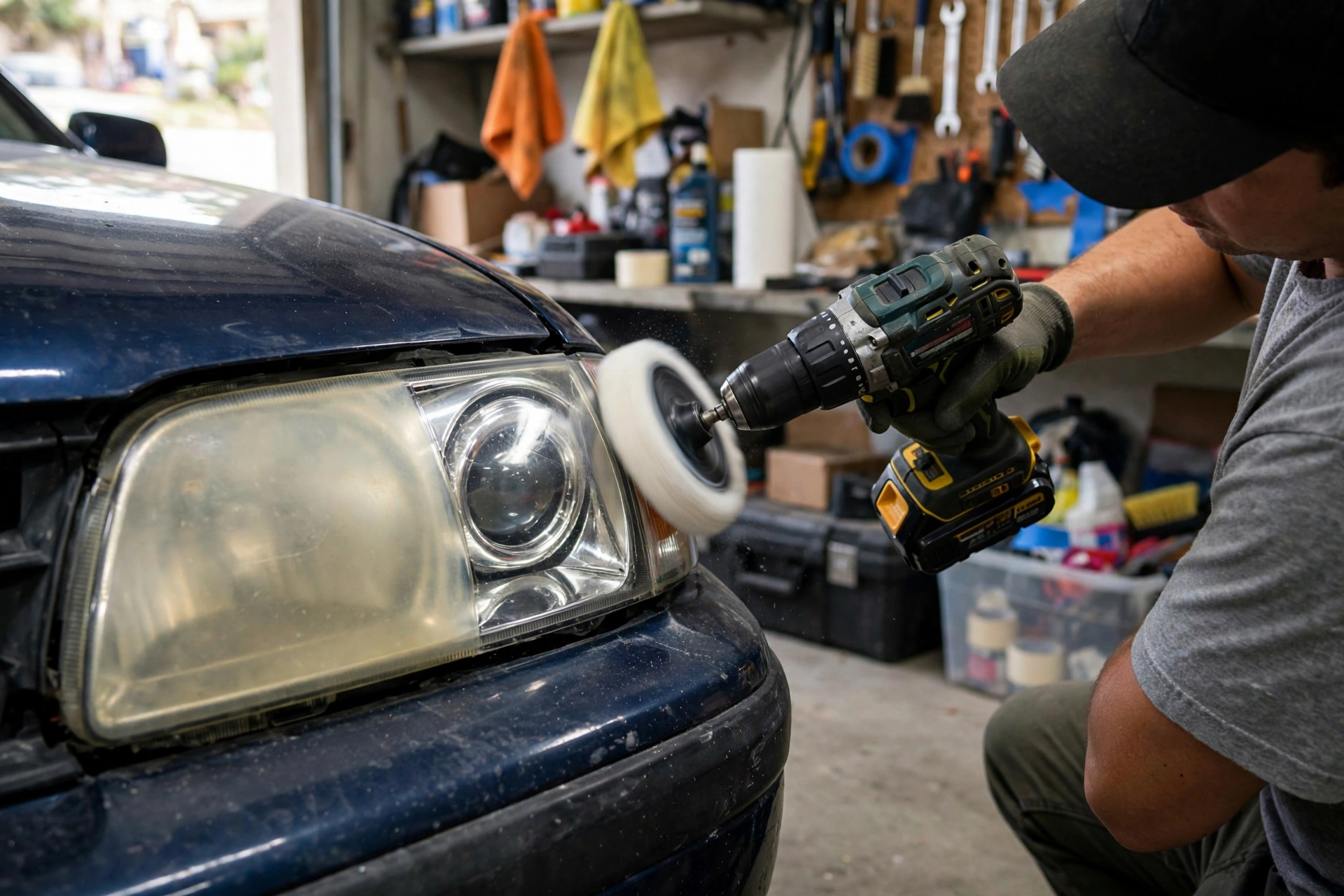 Buffing a headlight with a polishing pad