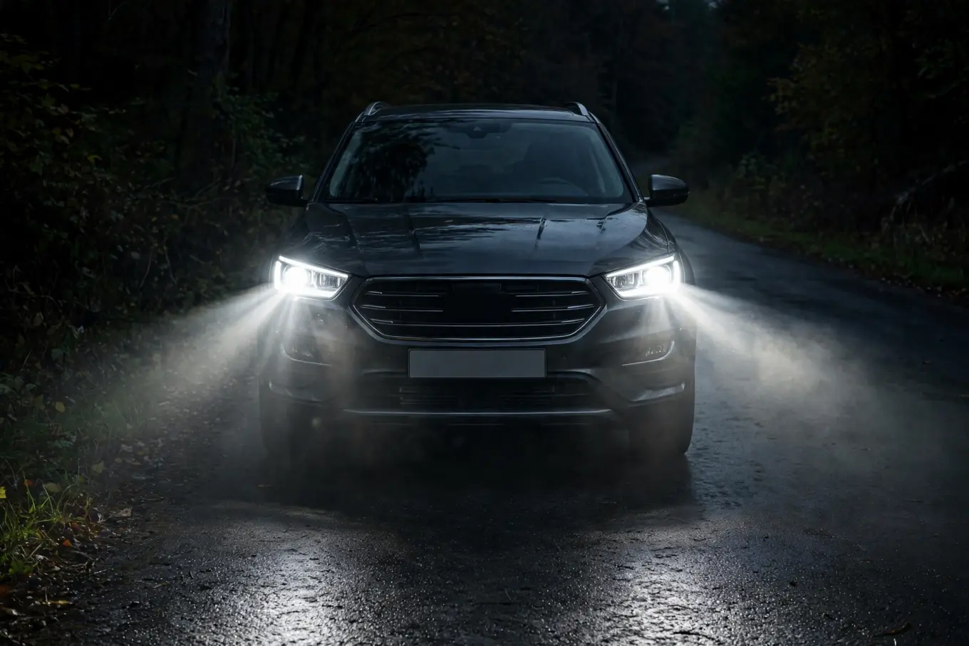 Restored headlights lighting up a dark road