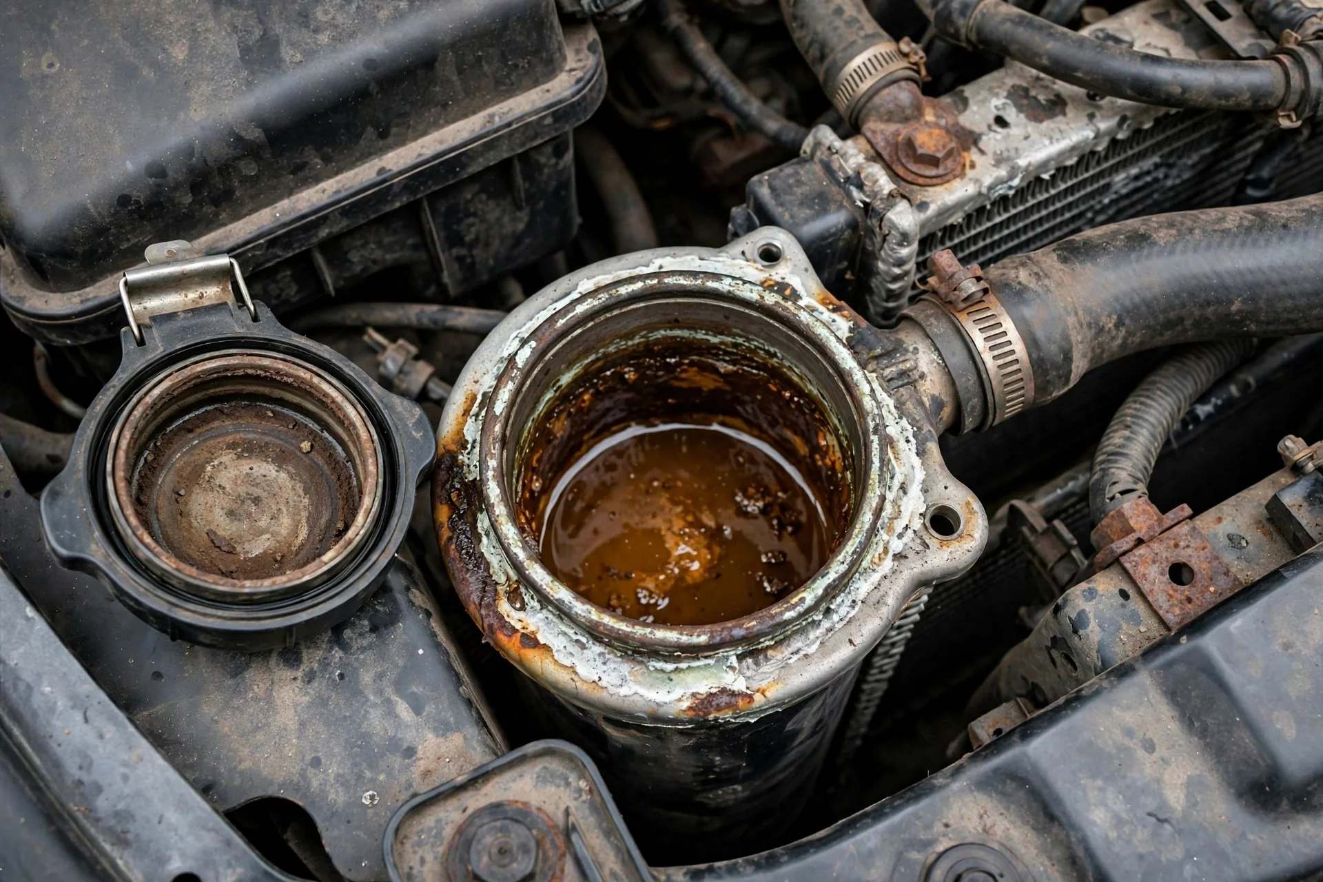 Open radiator cap showing rusty degraded coolant in the radiator neck