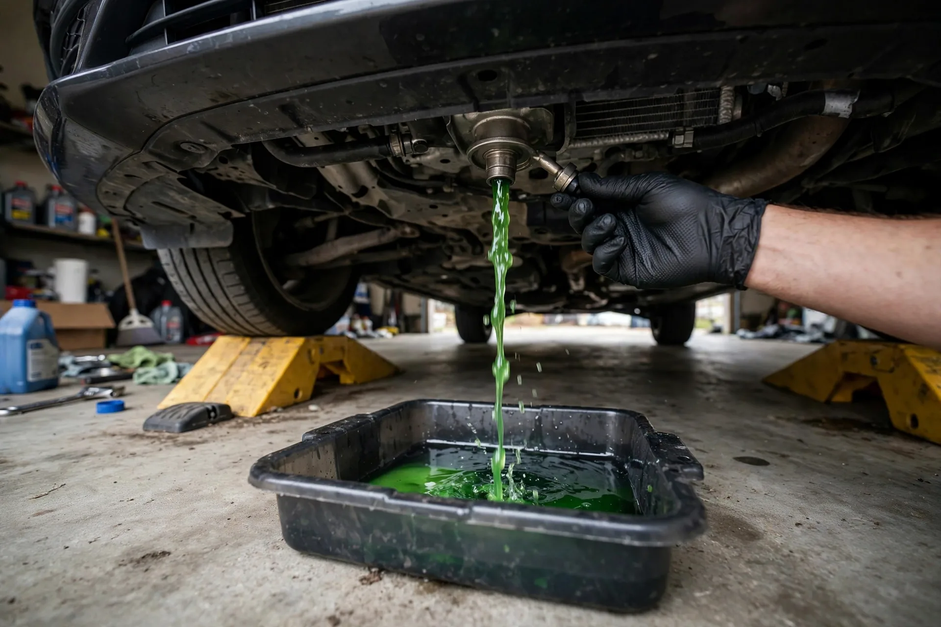 Green coolant draining from a radiator into a catch pan in a home garage