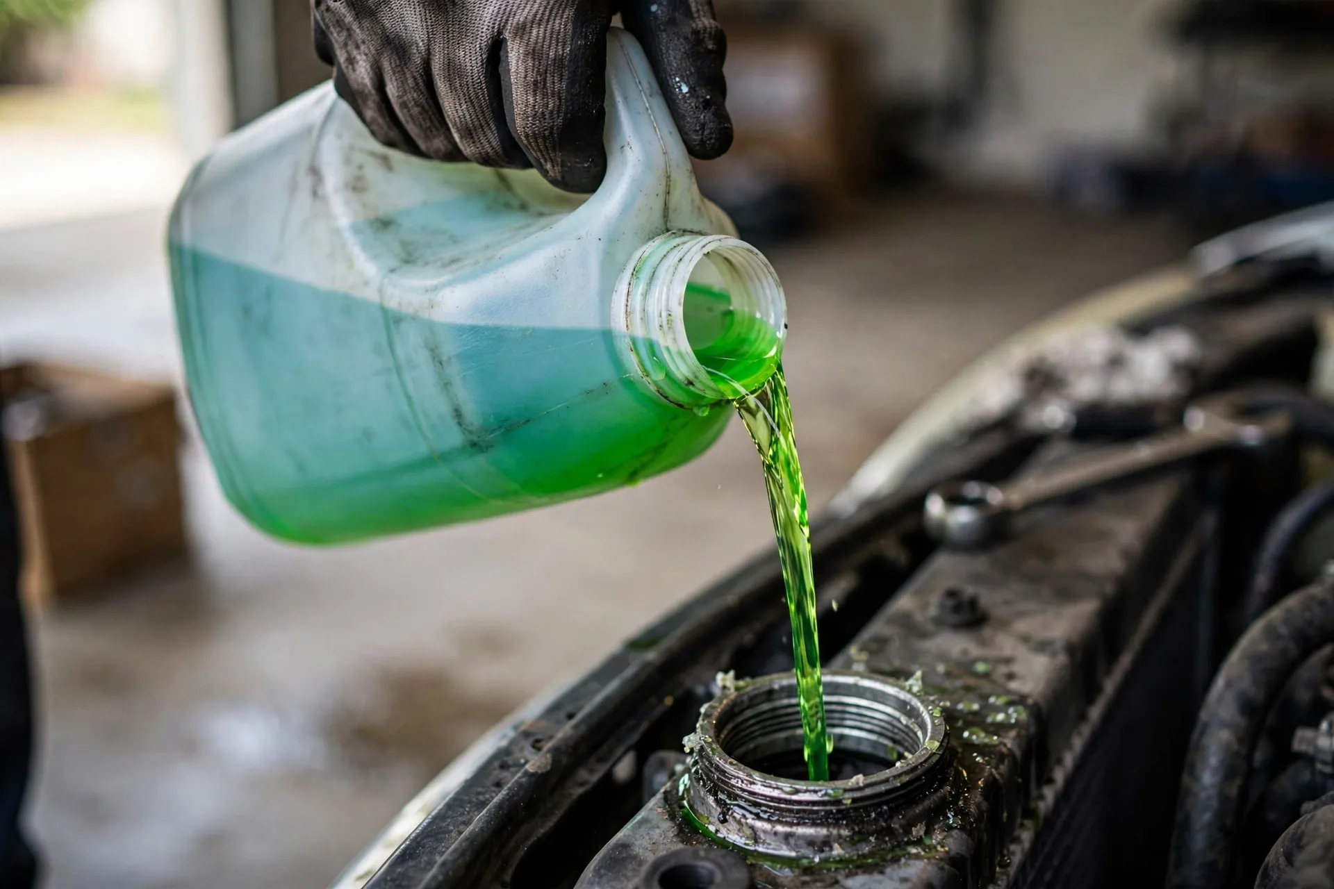 Fresh green coolant being poured into a radiator fill neck