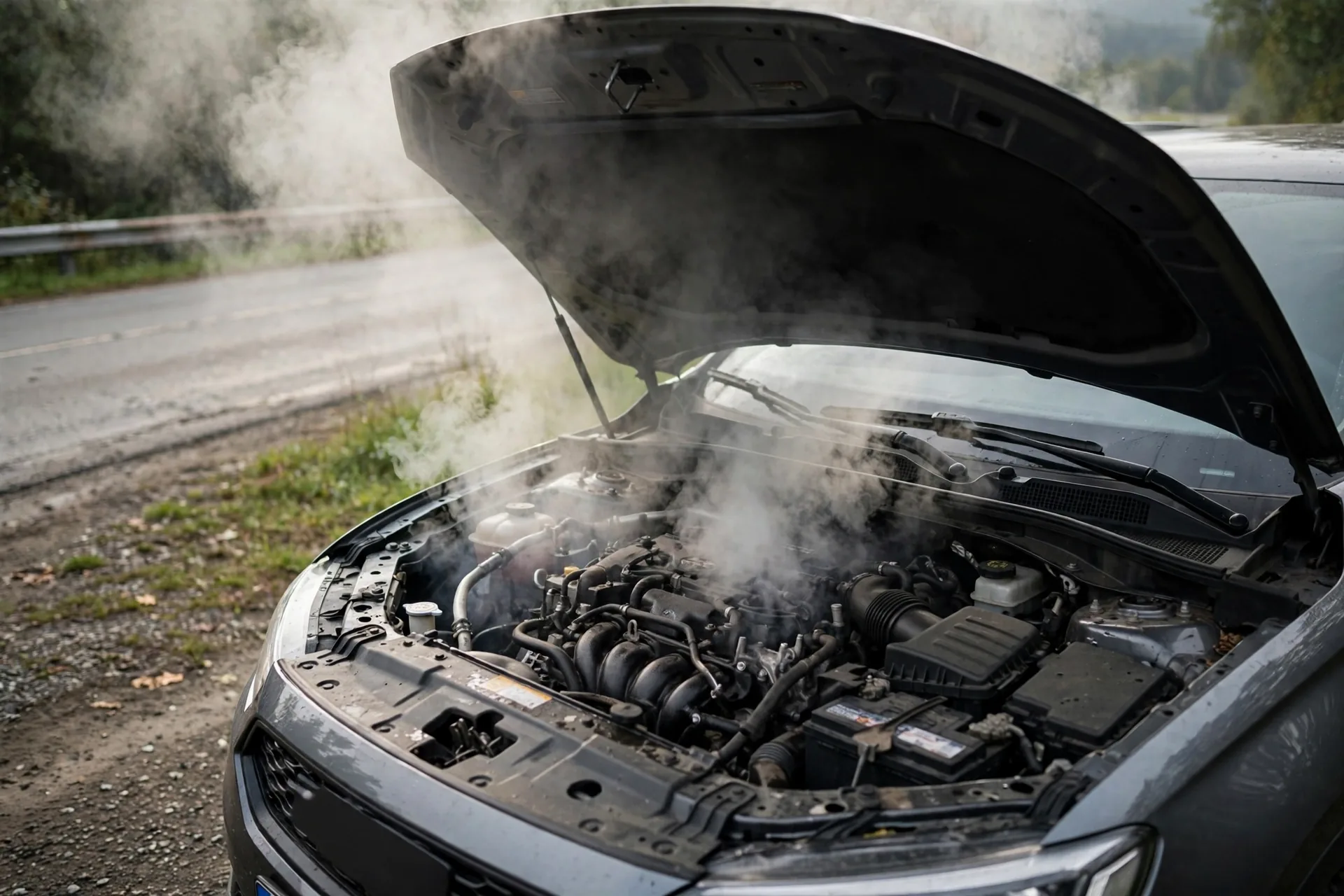 Steam rising from an overheated car engine bay on the roadside