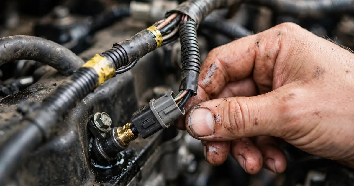 Close-up of a small crankshaft position sensor with its electrical connector and wiring harness near an engine