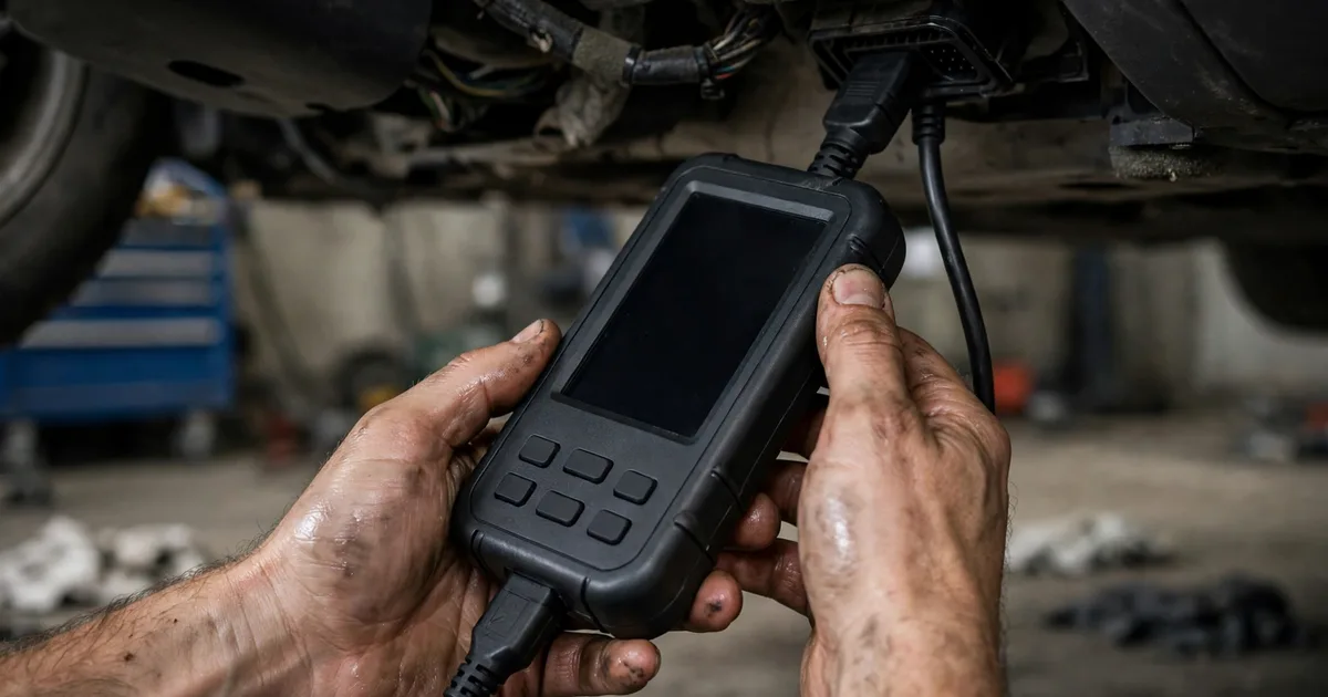 Mechanic using an OBD-II scan tool under a car dashboard during diagnosis