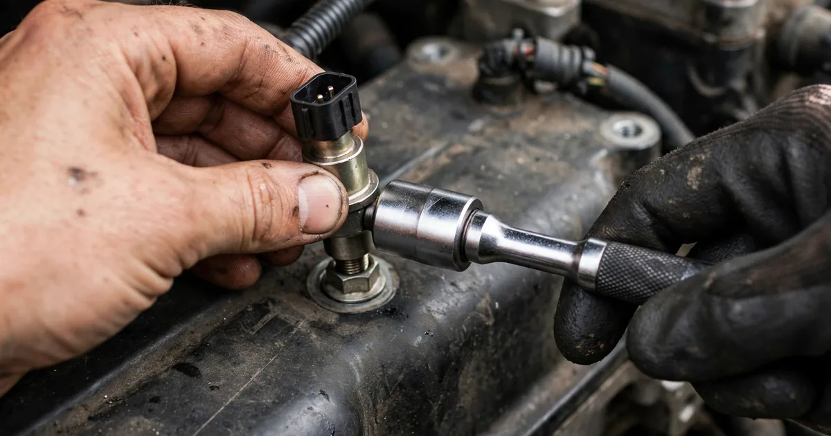 Hands installing a small automotive sensor onto an engine with a single bolt