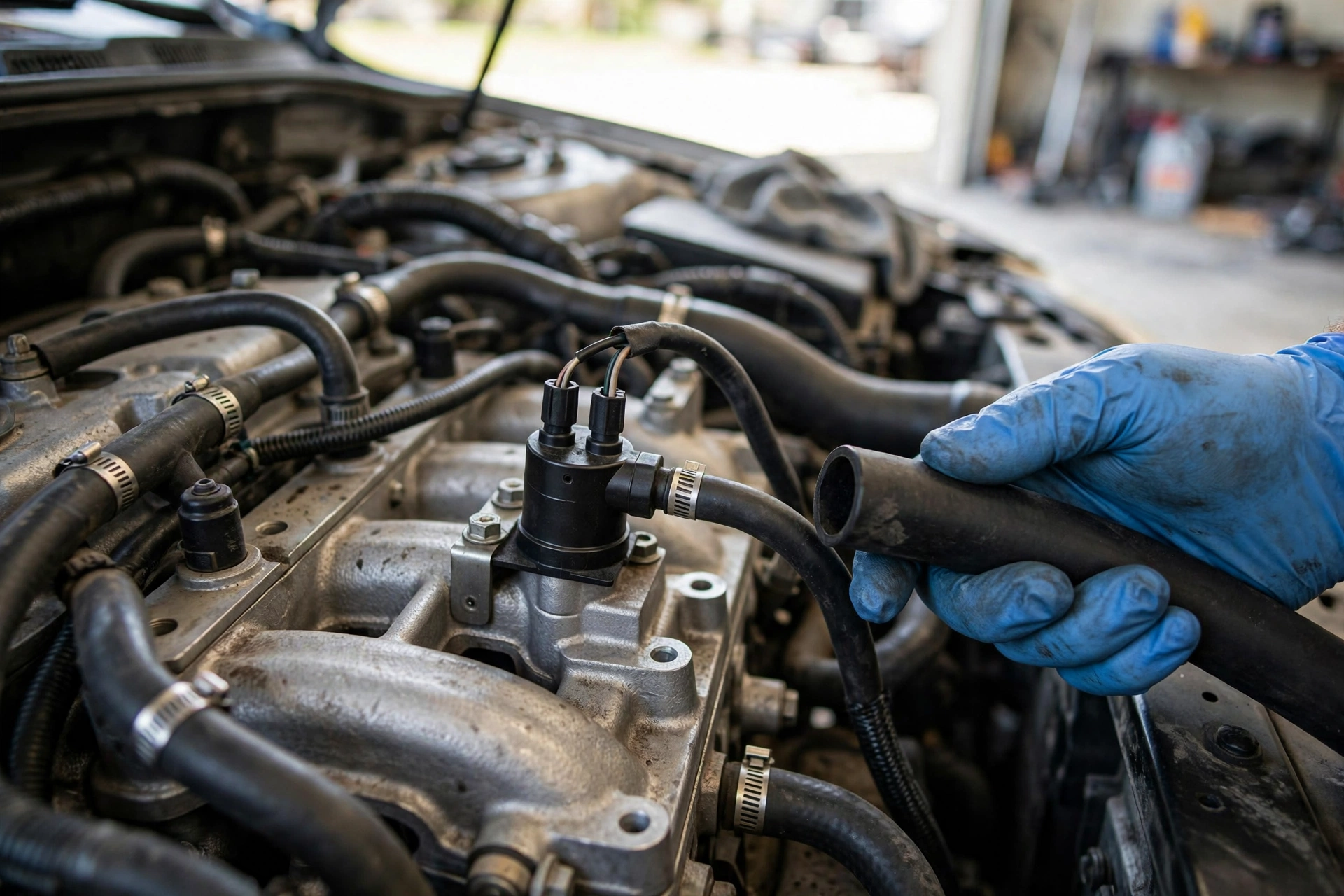 Engine bay showing vacuum hoses and a solenoid valve near the intake