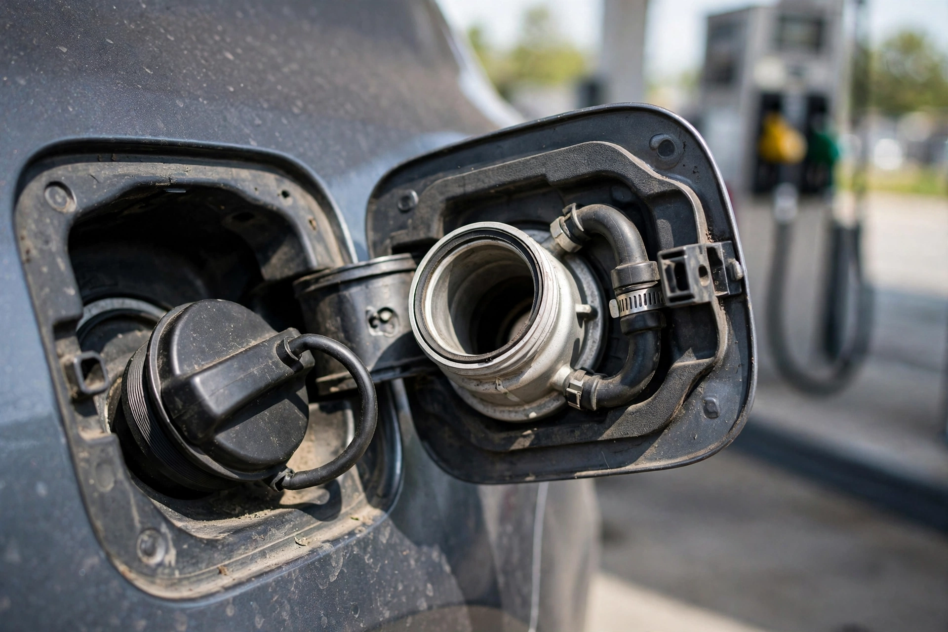Fuel filler neck with the gas cap removed