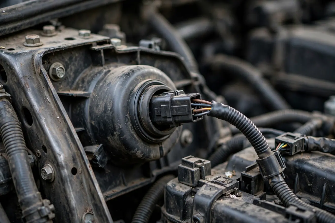 Back of a headlight assembly showing the bulb socket and wiring connector