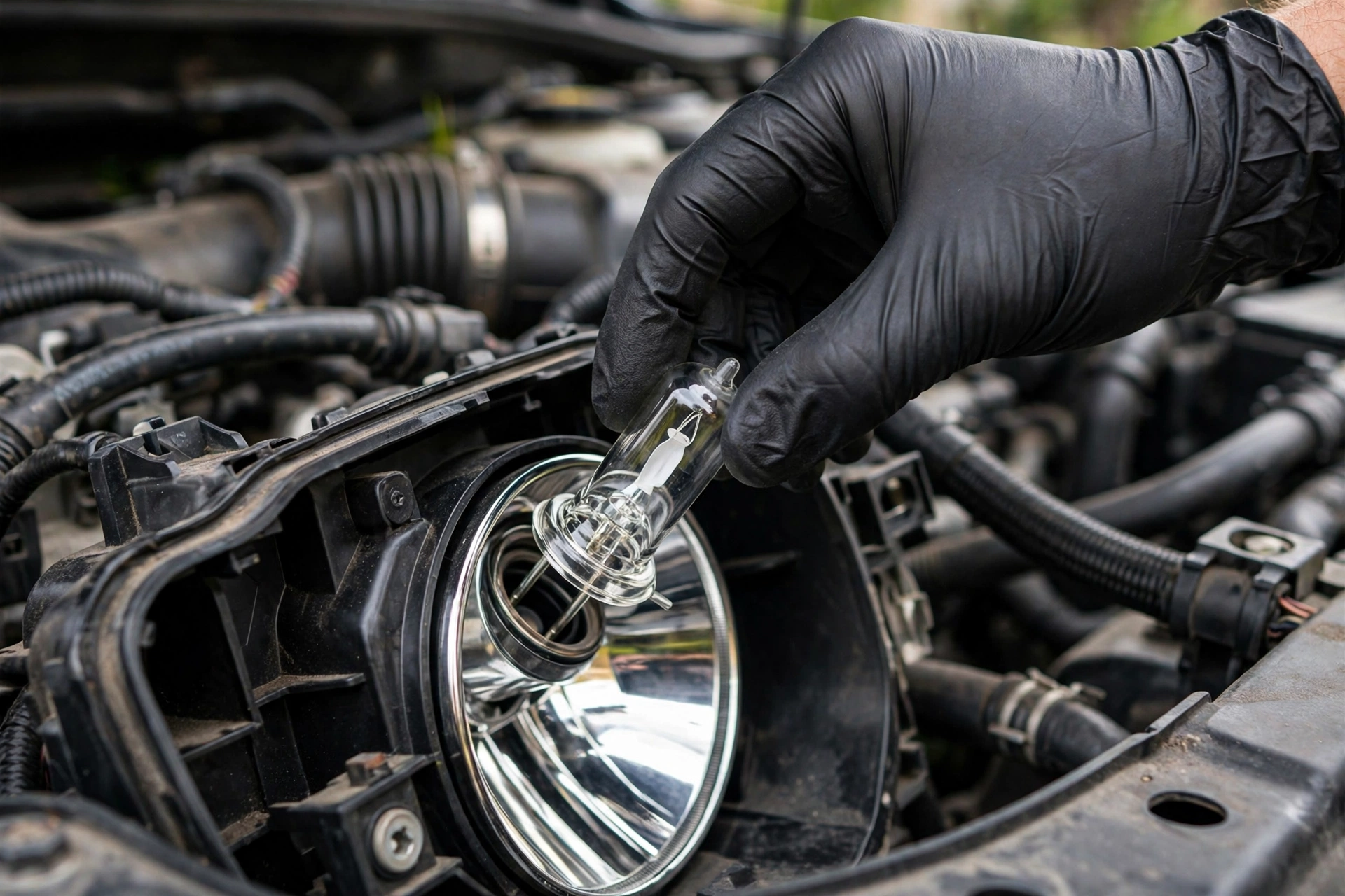 Gloved hand installing a halogen headlight bulb into the housing