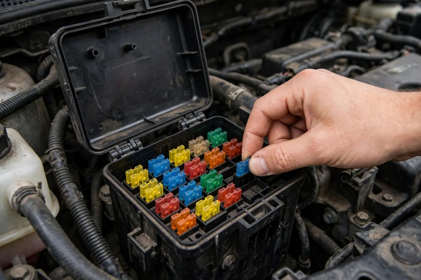 Car fuse box open in the engine bay, hand checking a fuse