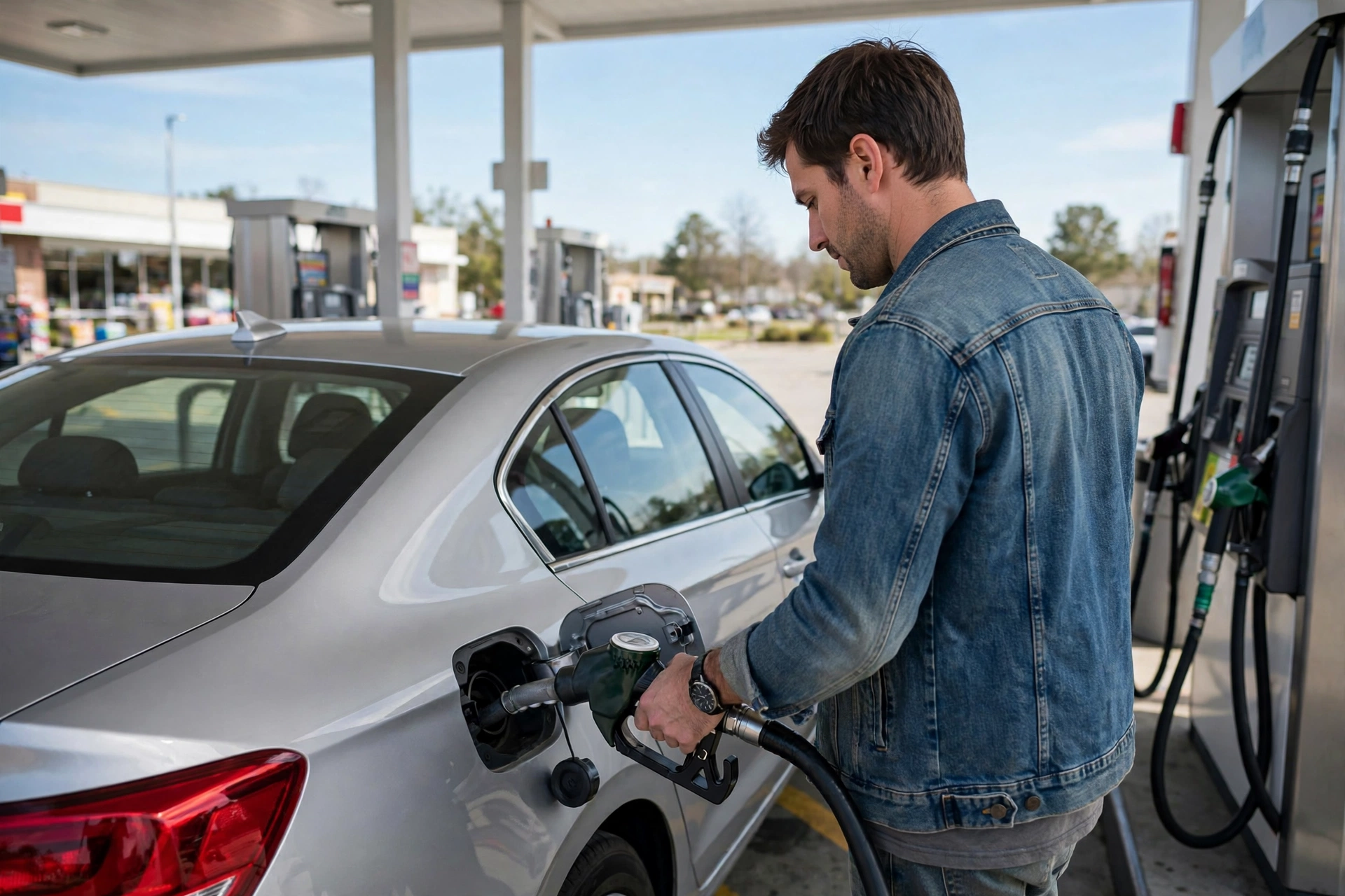 Driver filling up at a gas station