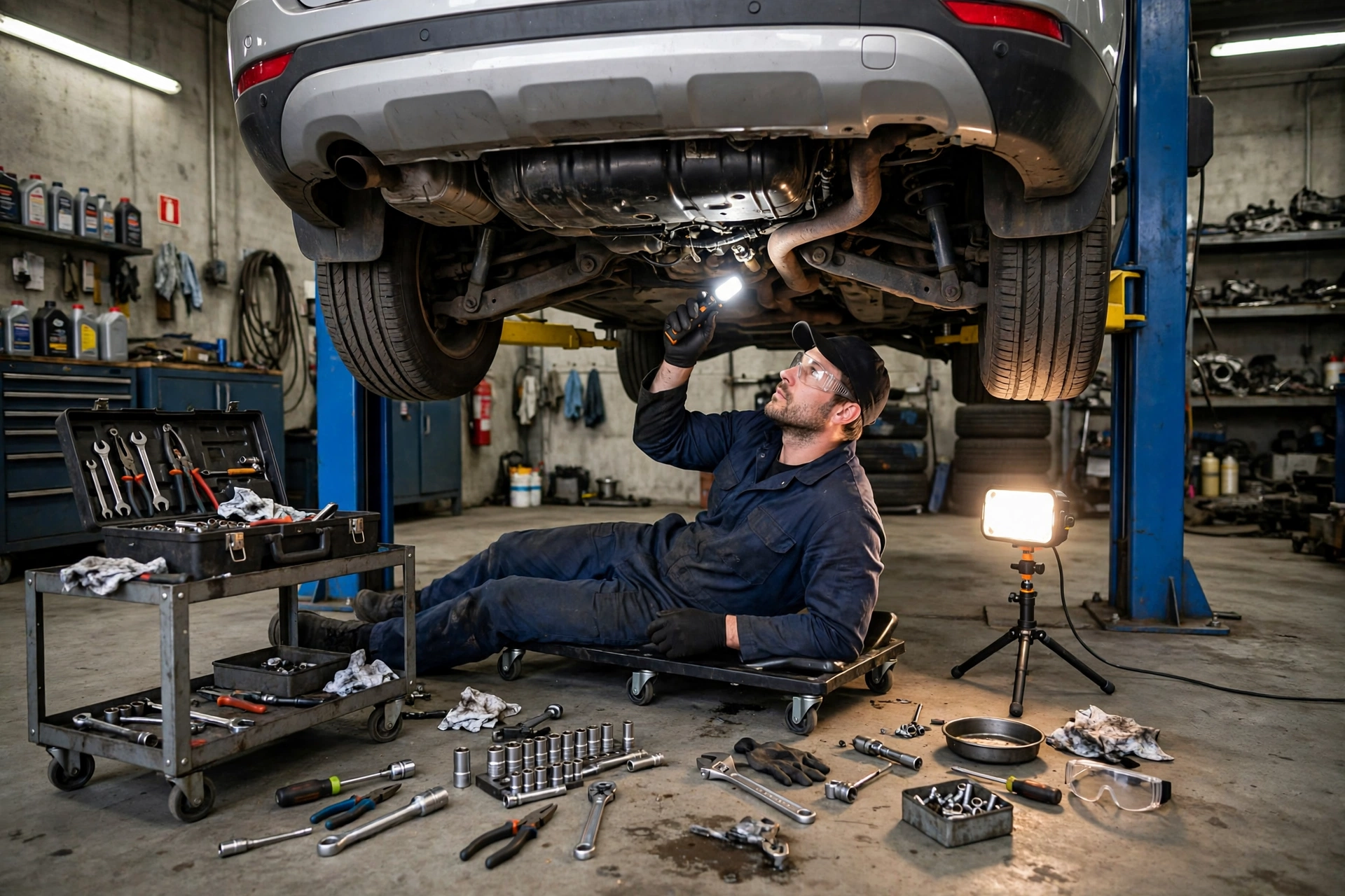 Mechanic inspecting under a car