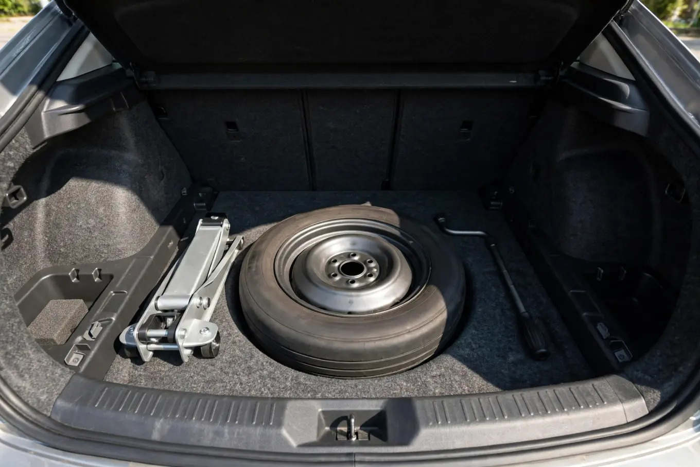 Spare tire, jack, and lug wrench stored in a car trunk