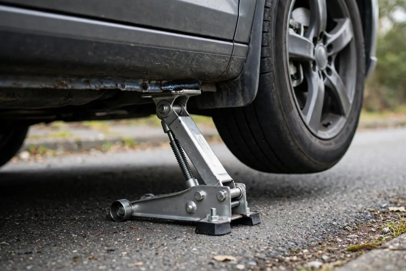Scissor jack lifting a car at the factory jack point