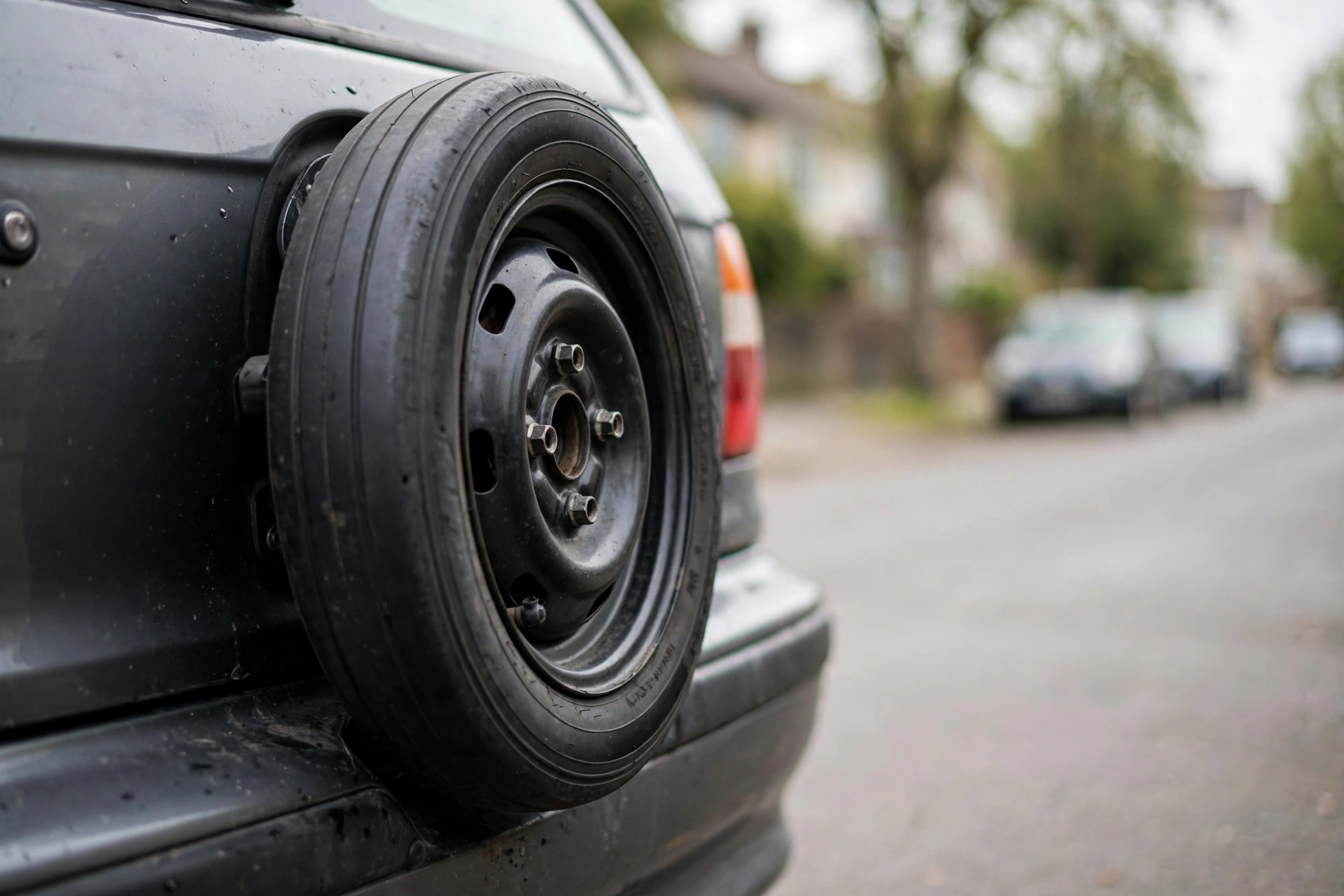 Compact donut spare tire mounted on a car