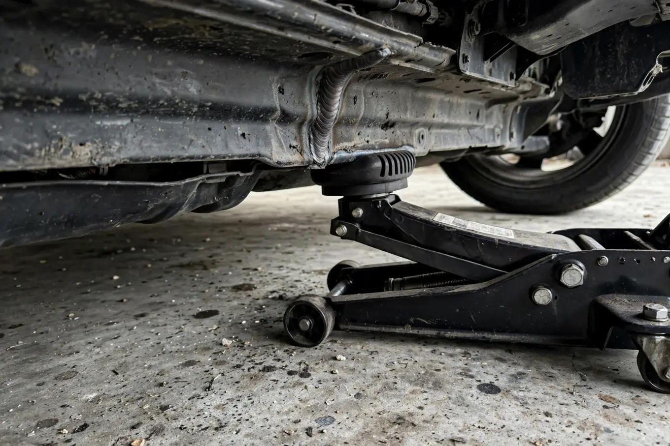 Close-up of a pinch weld jack point behind a front wheel