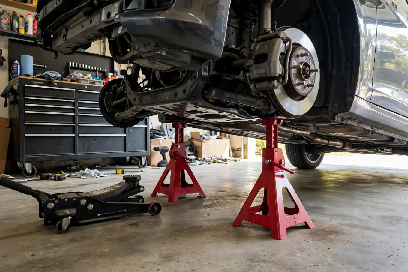 Jack stands supporting a car's subframe in a home garage