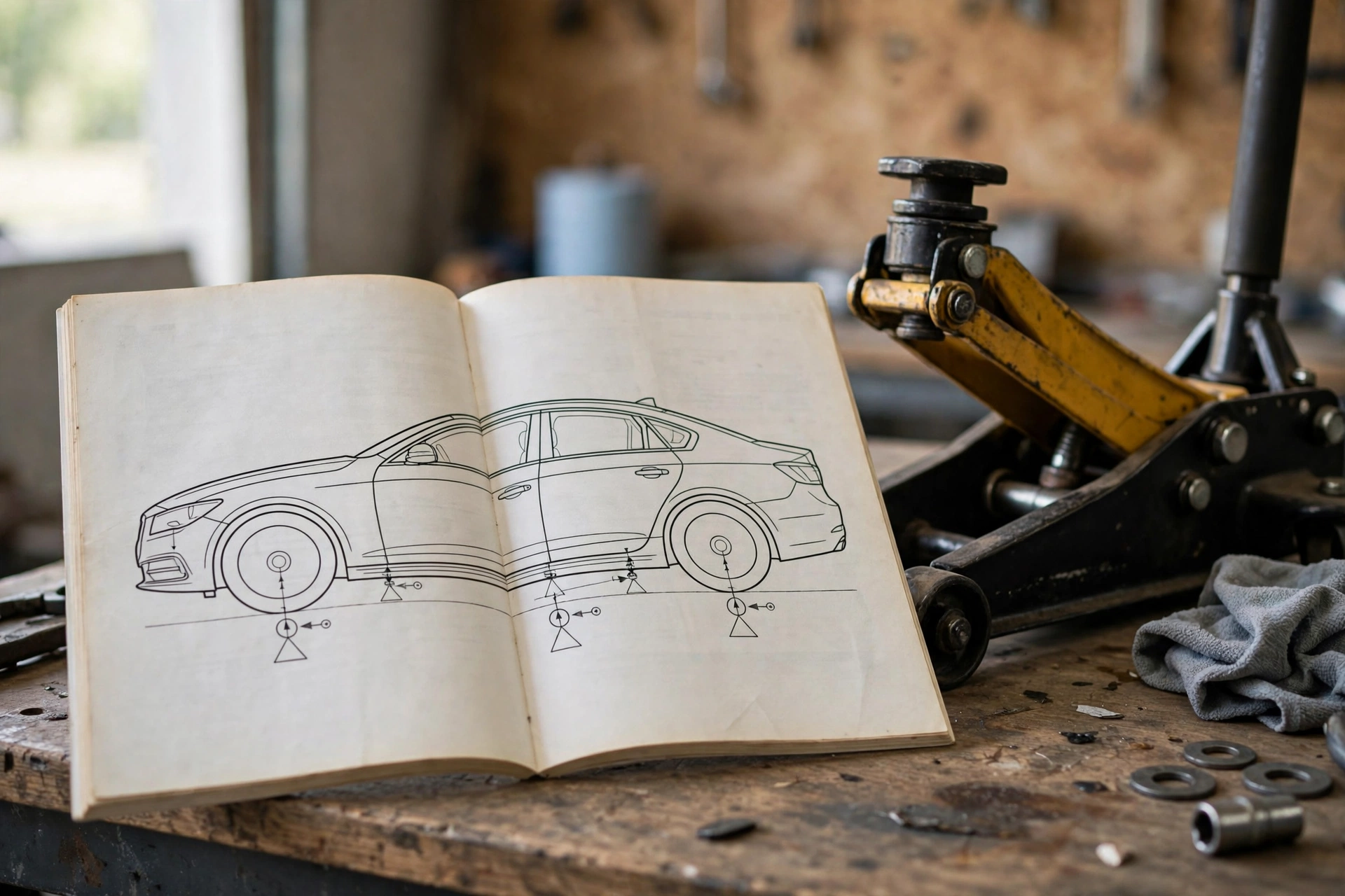 Owner's manual and floor jack on a garage workbench