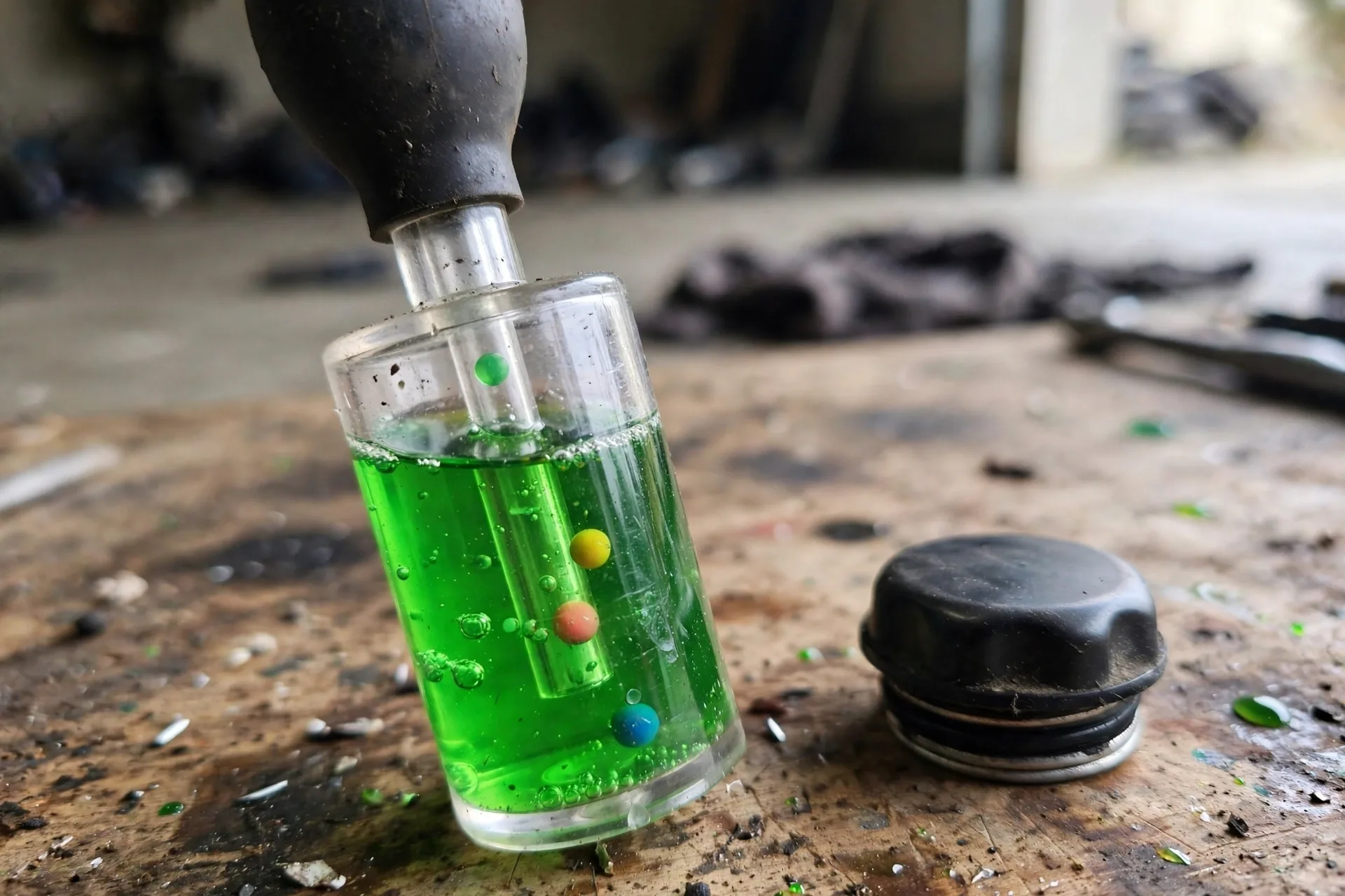 Close-up of a coolant hydrometer tester filled with green antifreeze