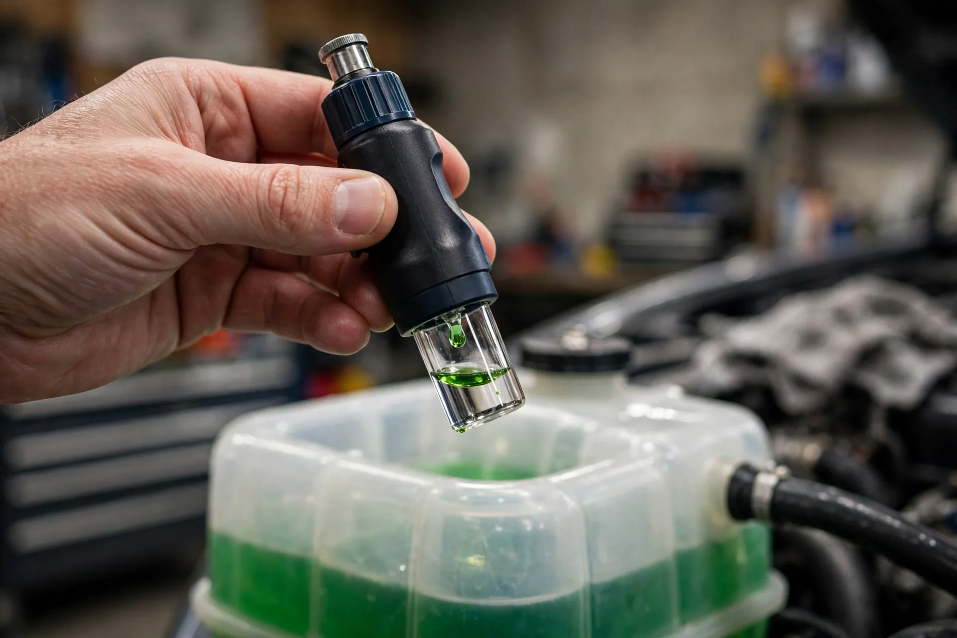 Hand holding a refractometer over a car's coolant reservoir