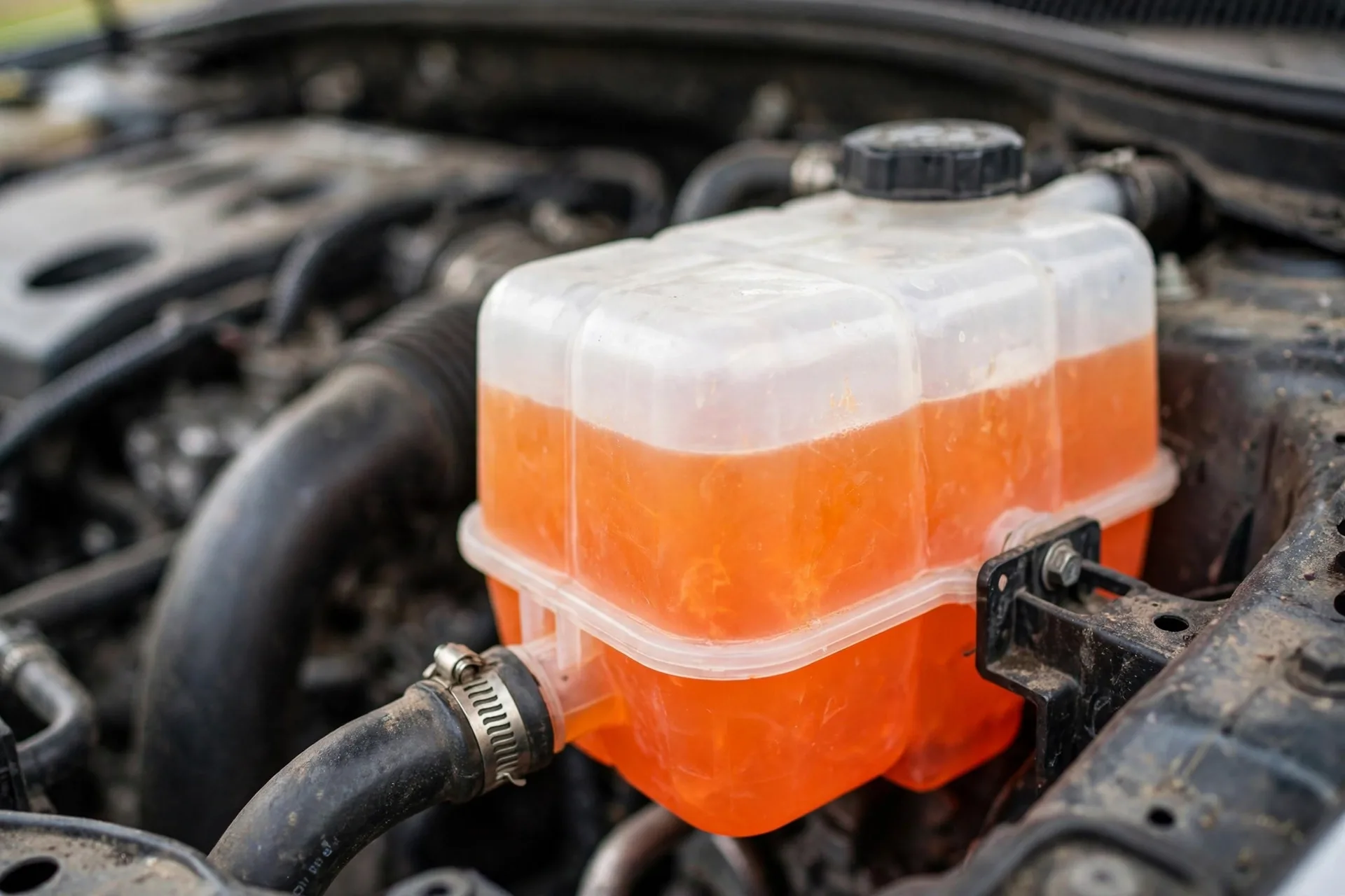 Coolant overflow reservoir filled with orange antifreeze