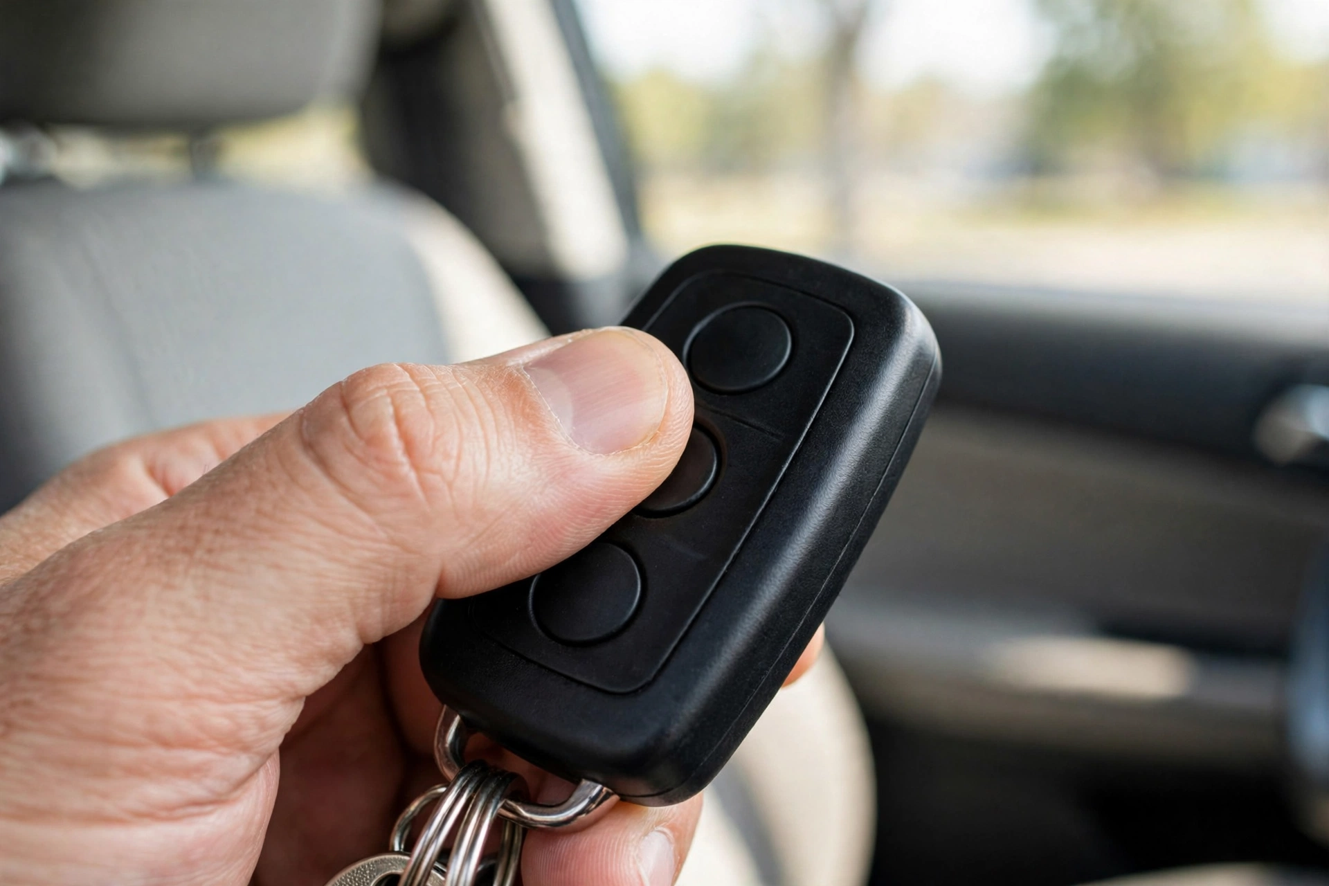 A hand pressing the buttons on a car key fob inside a car