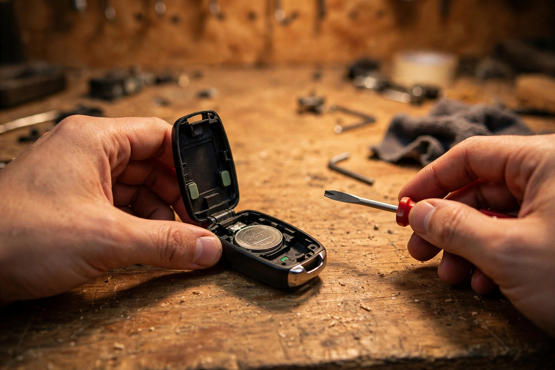 An opened car key fob on a workbench with the coin battery visible inside