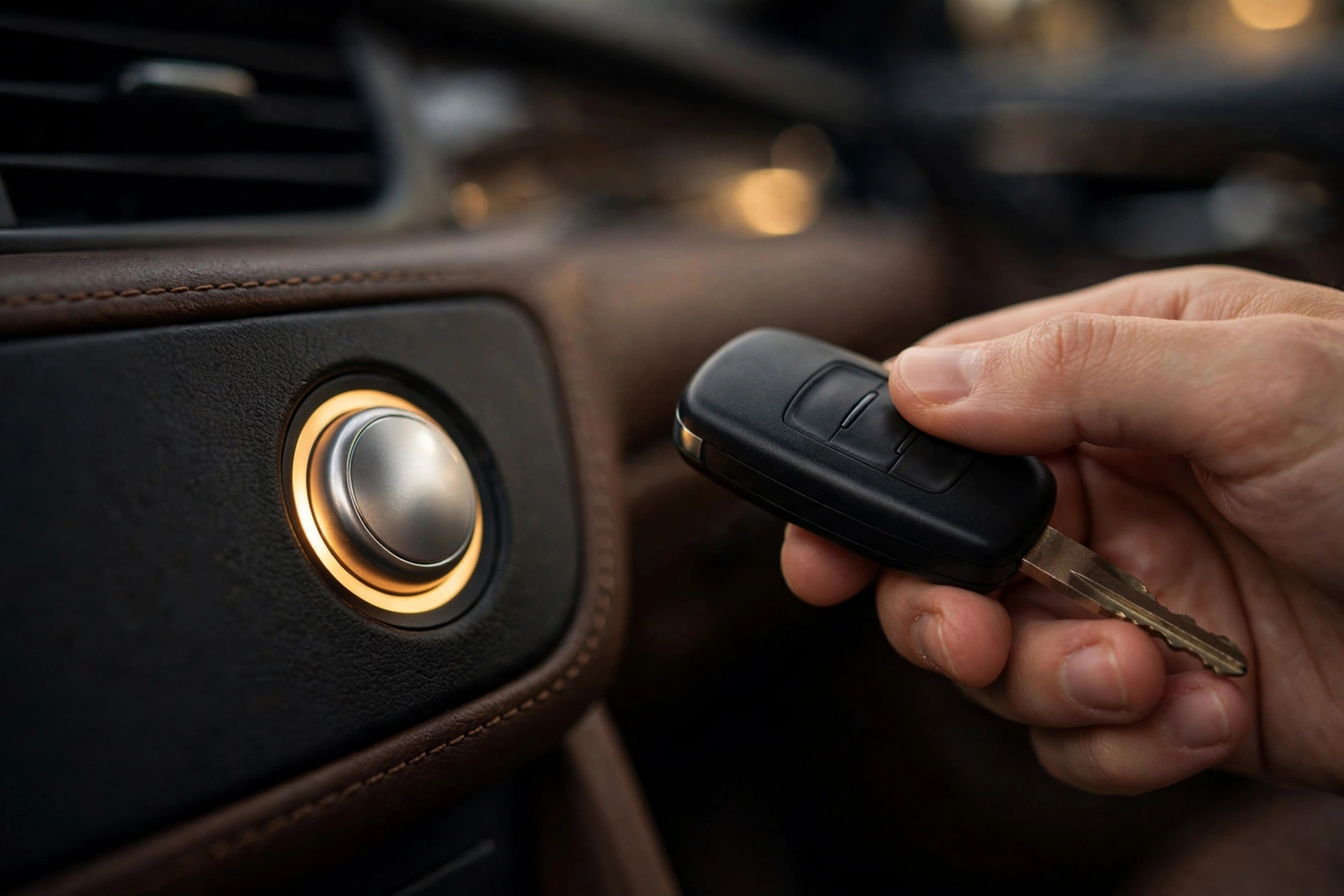 A hand holding a car key fob near a push-button start button on the dashboard
